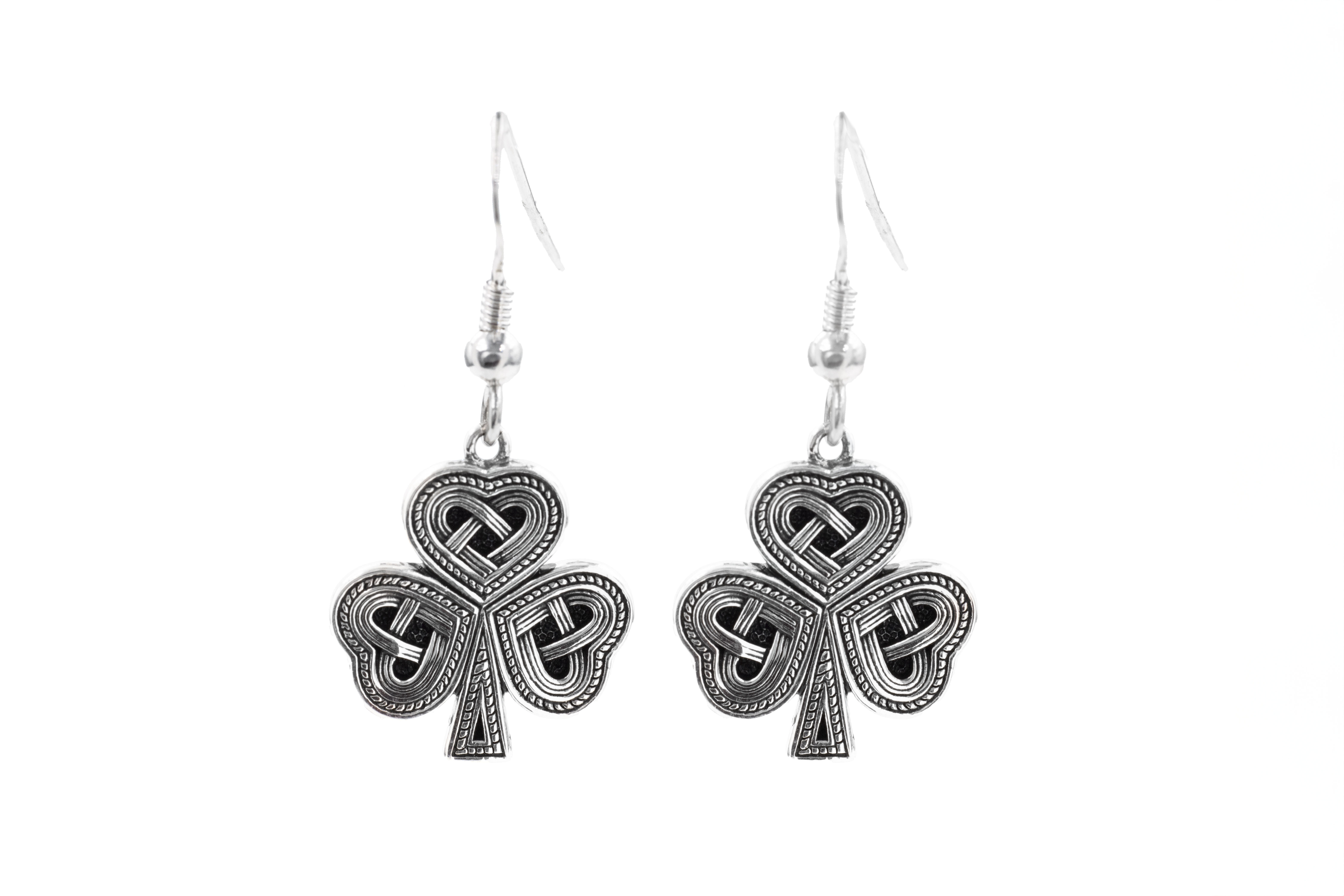 Womens Shamrock Earrings in Sterling Silver With a Oxidized Finish