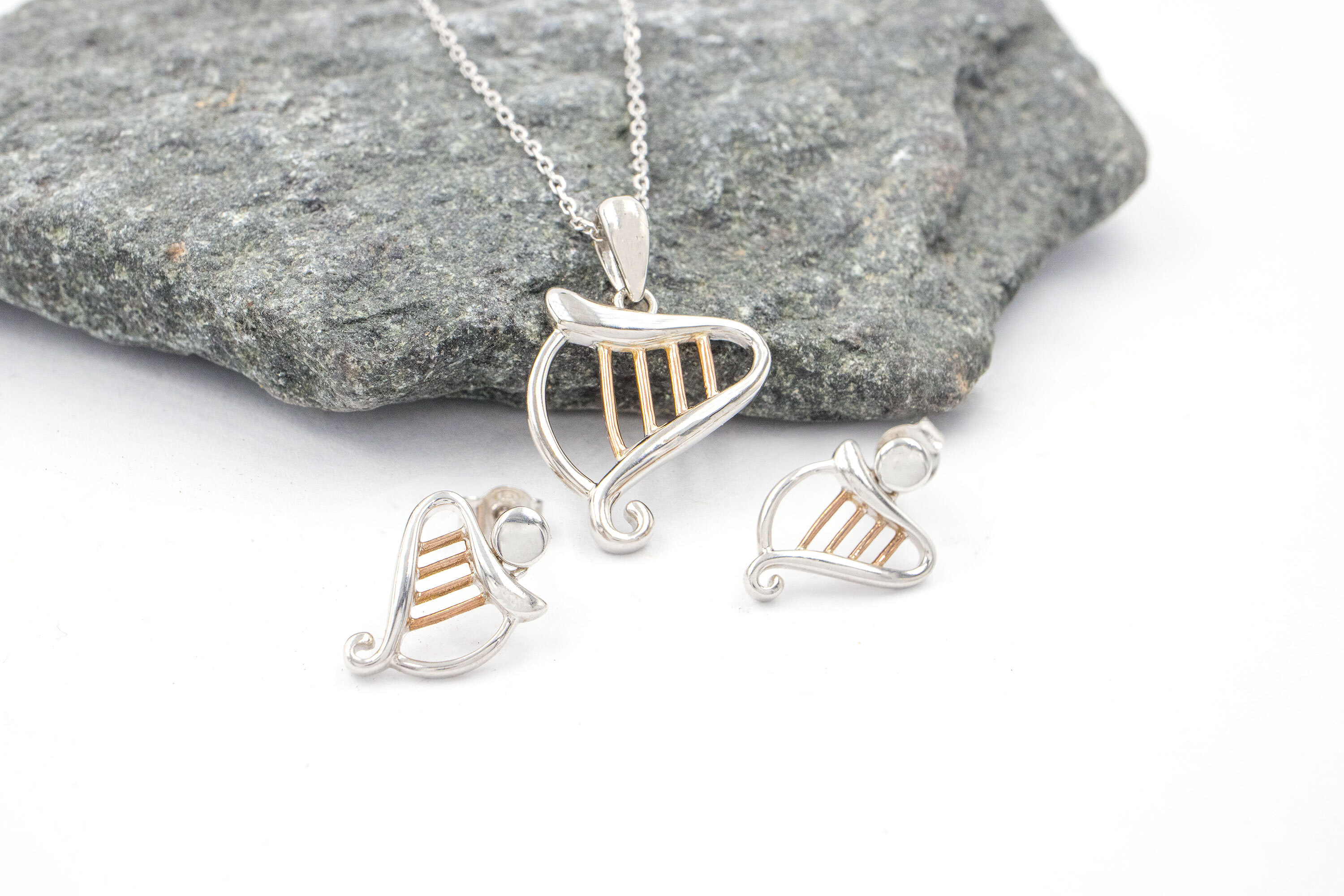 Authentic Sterling Silver & Rose Gold Irish Harp & Irish Gold Earrings For Women