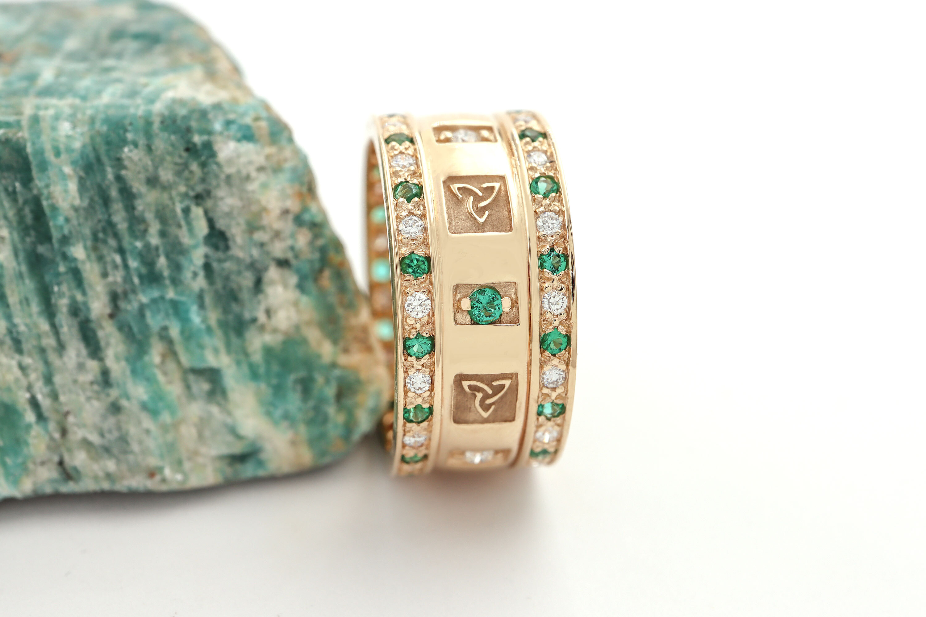 Diamond and Emerald Trinity Knot Wedding Band