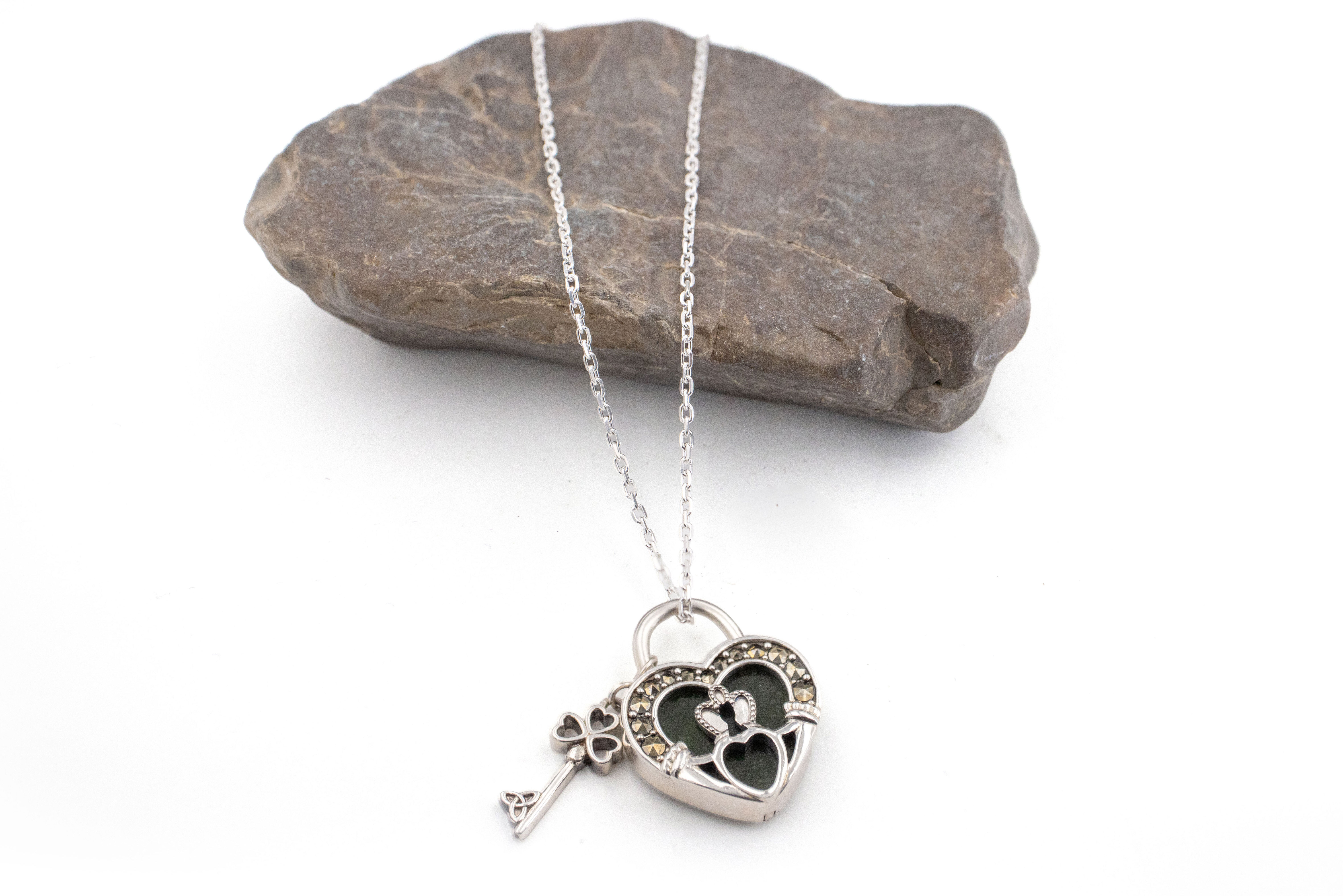 Womens Genuine Polished Sterling Silver Connemara Marble & Claddagh Necklace. Pictured Flat.