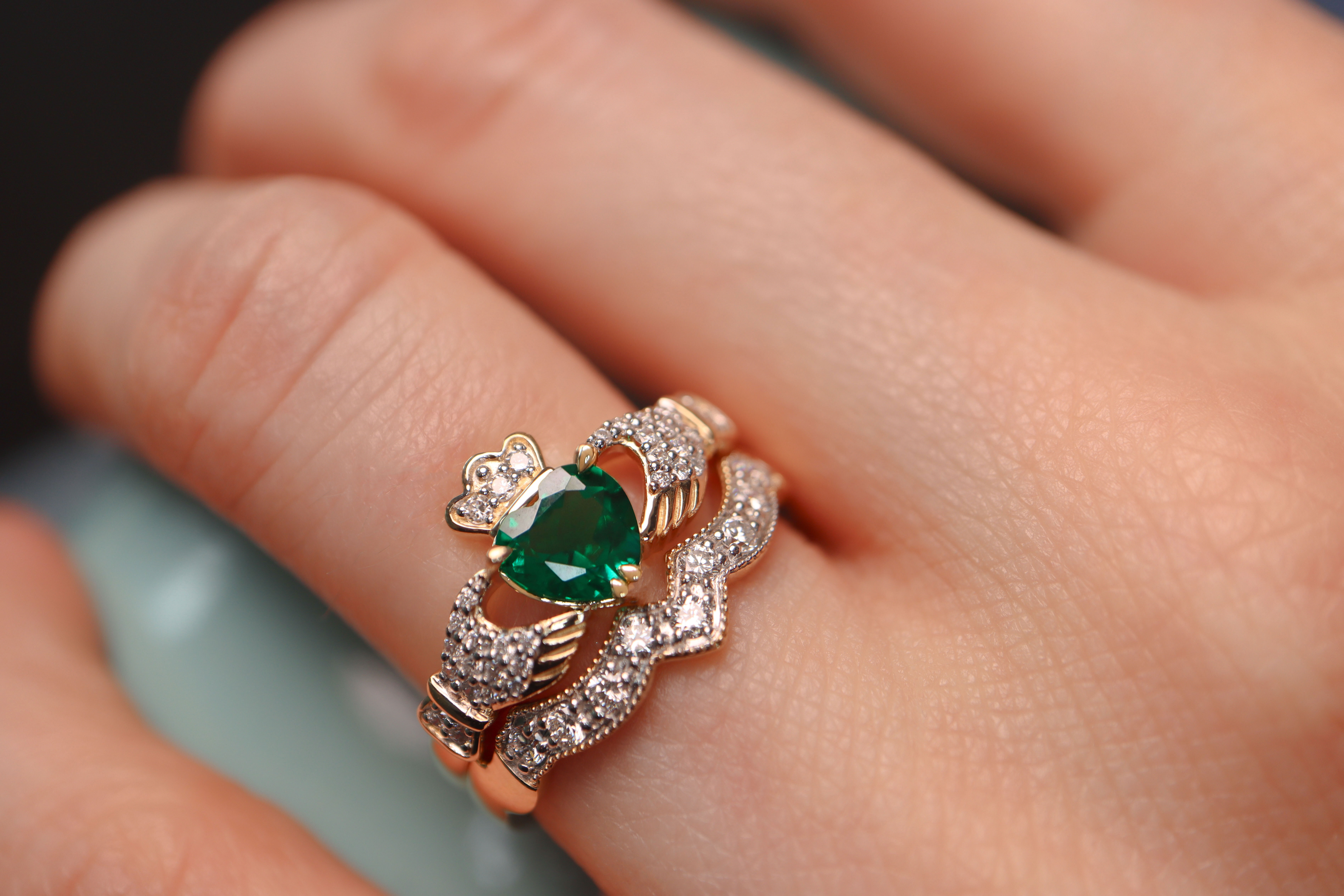 Authentic Yellow Gold Claddagh Engagement Ring With a Polished Finish For Women - Model Photo