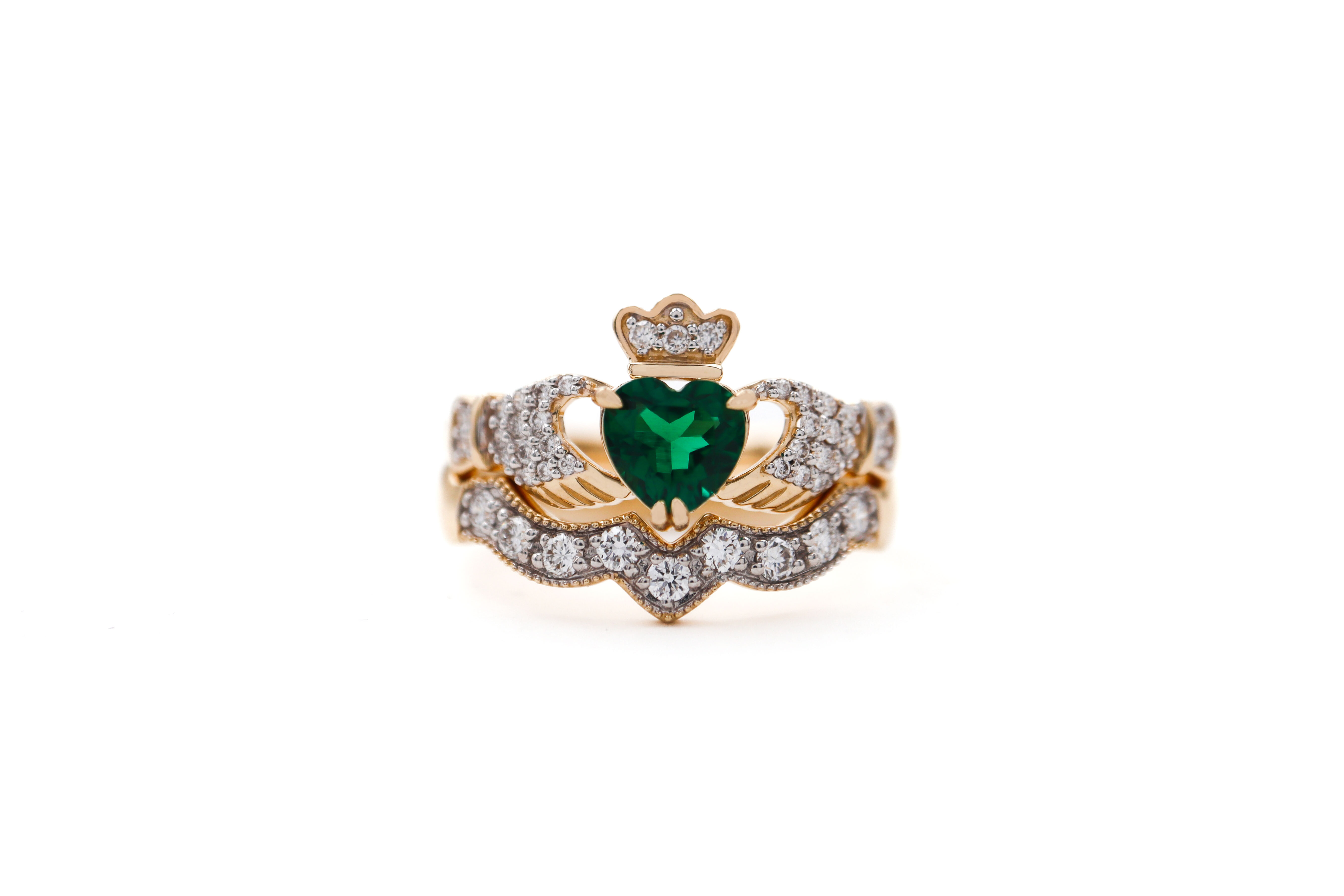 Genuine 14K Yellow Gold Claddagh 0.70ct Lab Grown Emerald Engagement Ring For Women With a Polished Finish