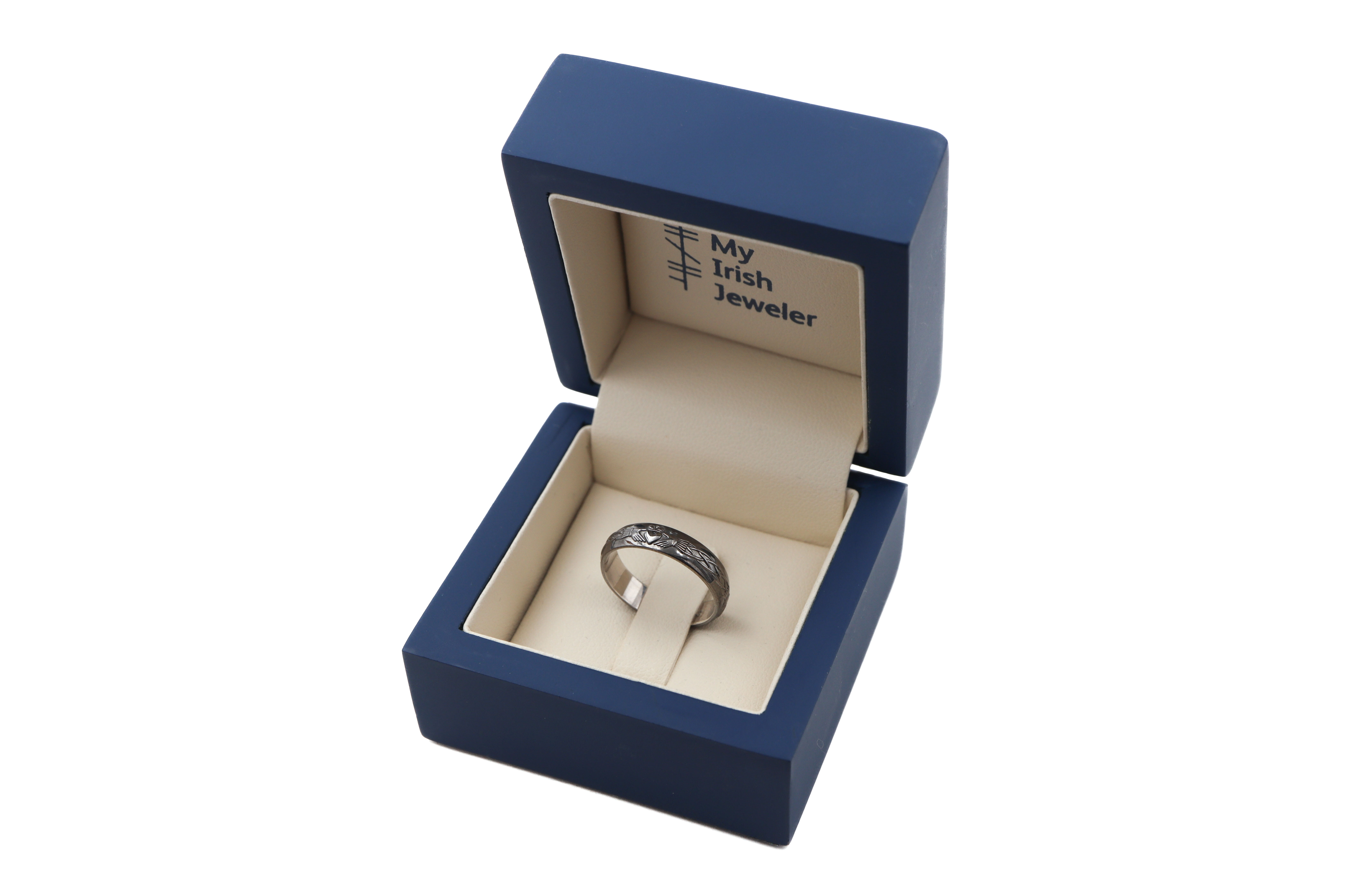 Authentic White Gold Claddagh 5.5mm Ring With a Black Rhodium Finish For Women. In Luxury Packaging.