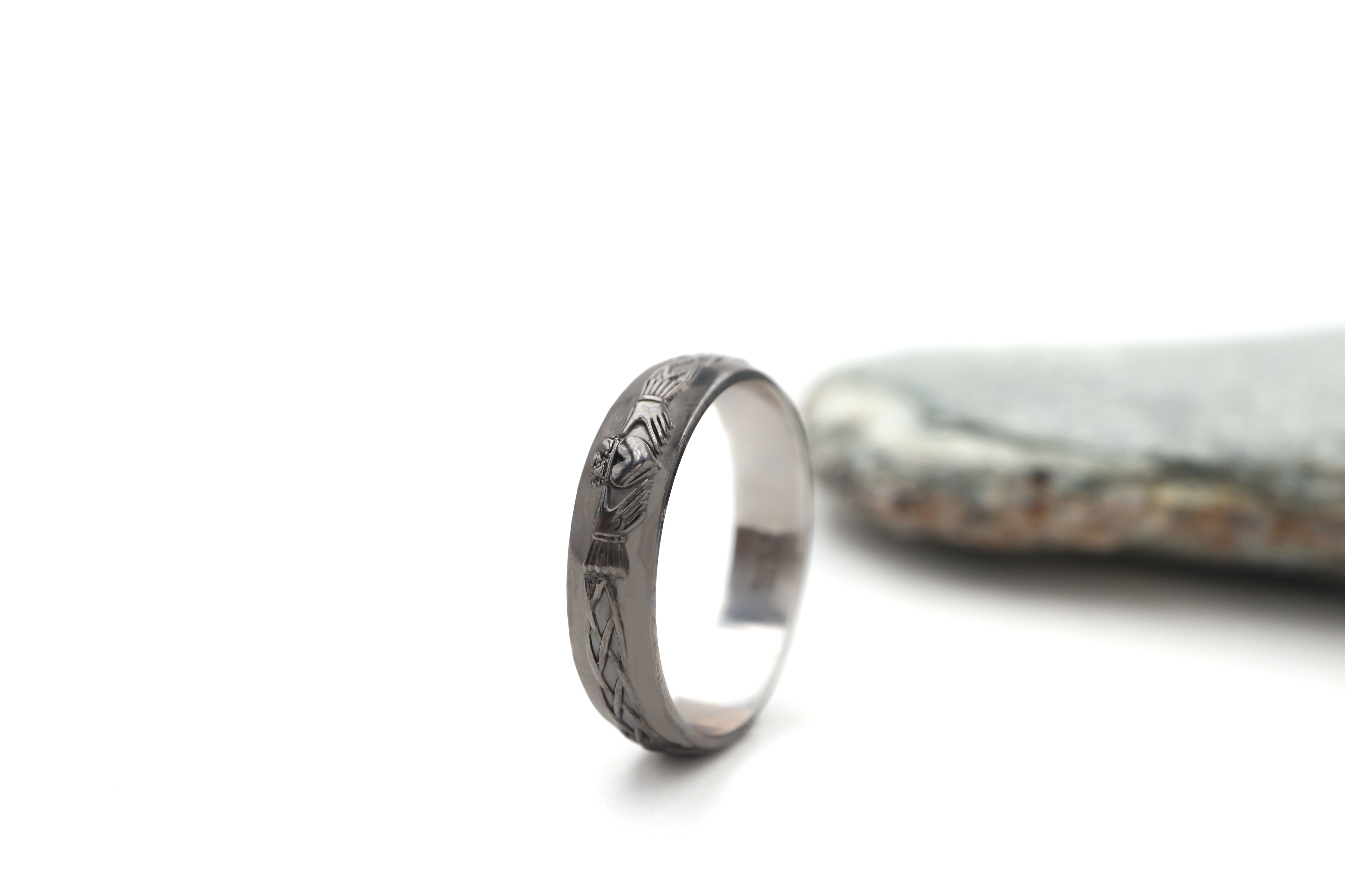 Irish 14K White Gold Claddagh 4.5mm Ring With a Black Rhodium Finish For Women. Side View.