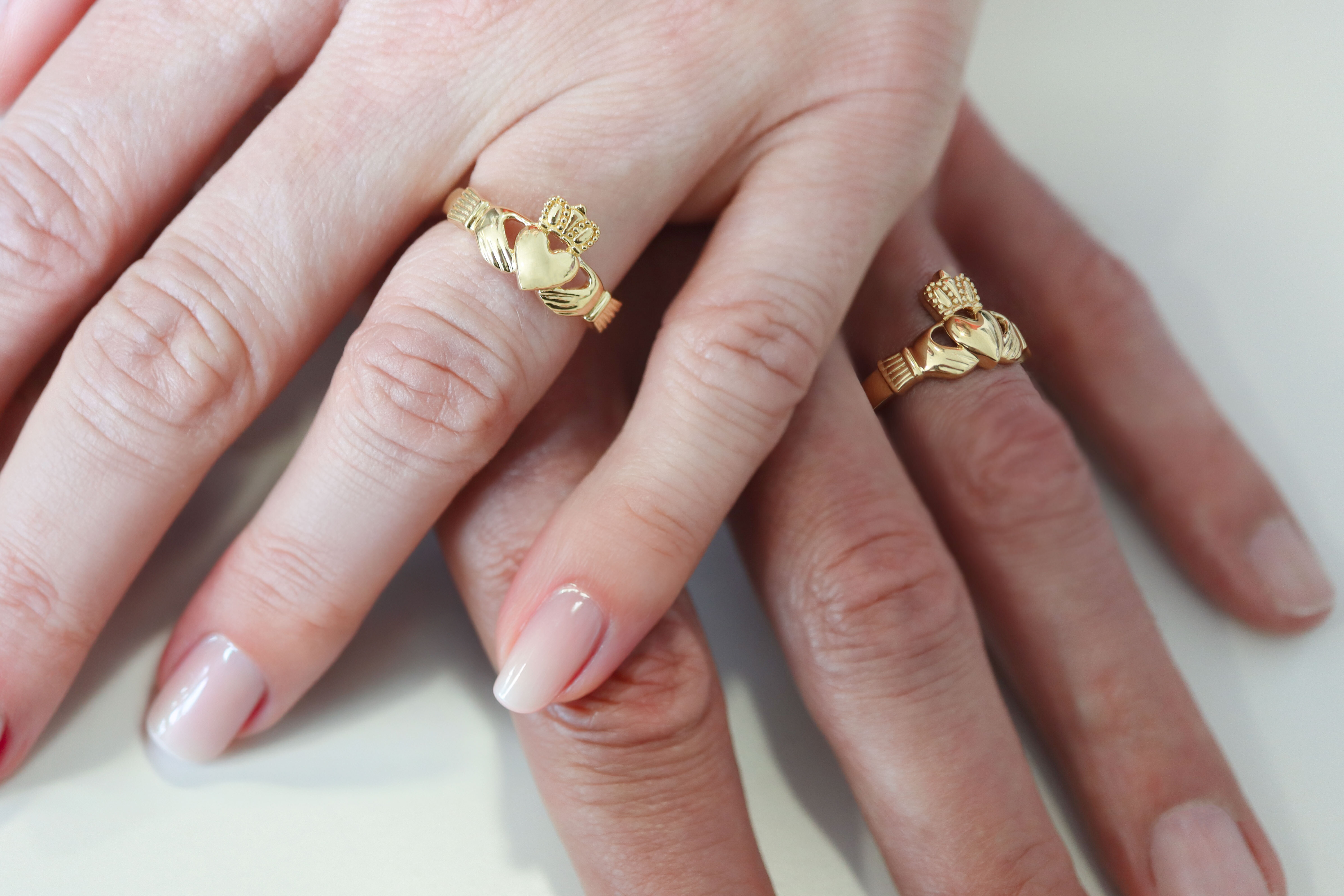Ladies Gold Vermeil Claddagh Ring Sku 25198 and 25199 model