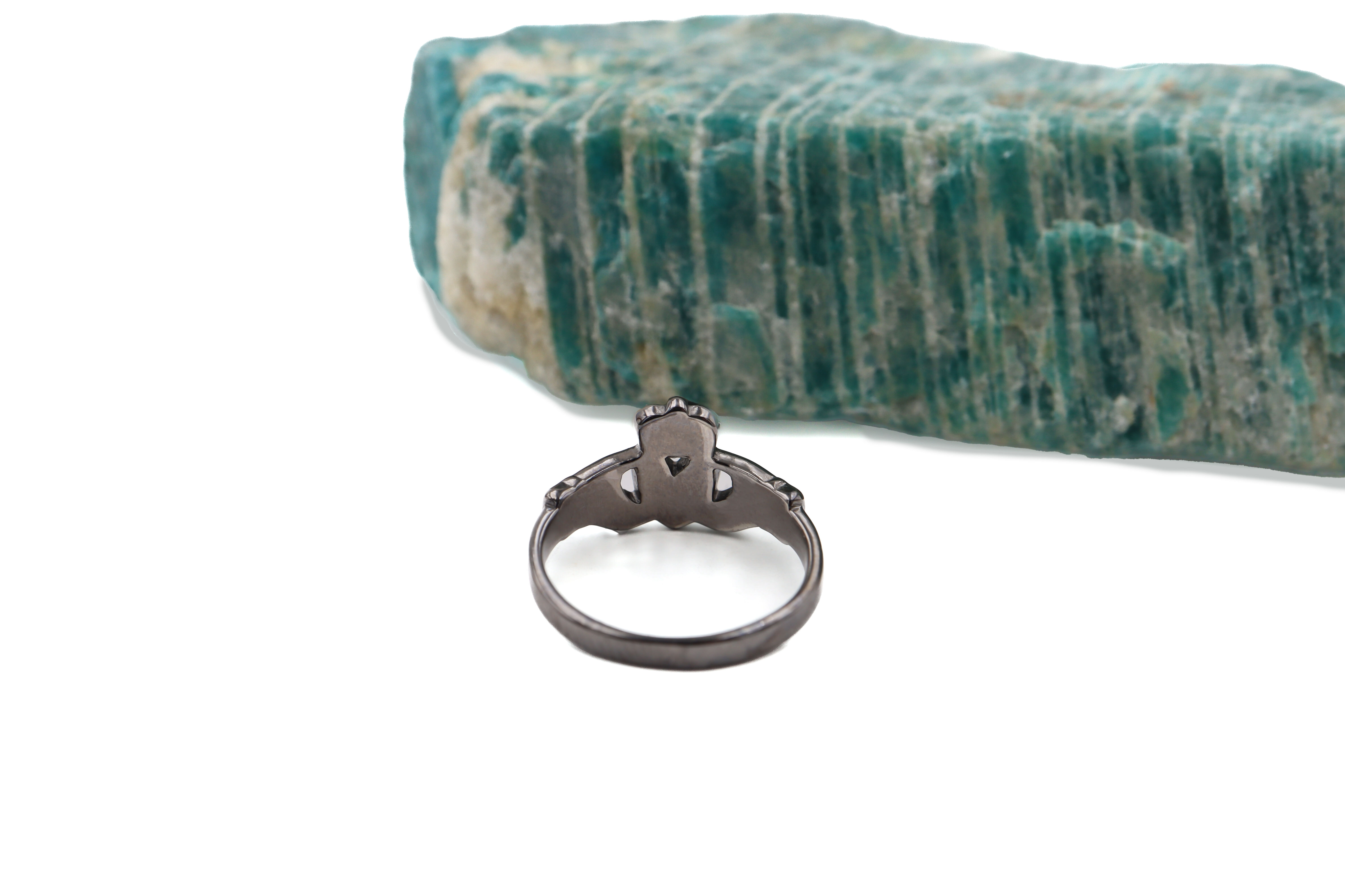 Attractive White Gold Claddagh 3.0mm Ring For Women With a Black Rhodium Finish. Picture Of The Back.