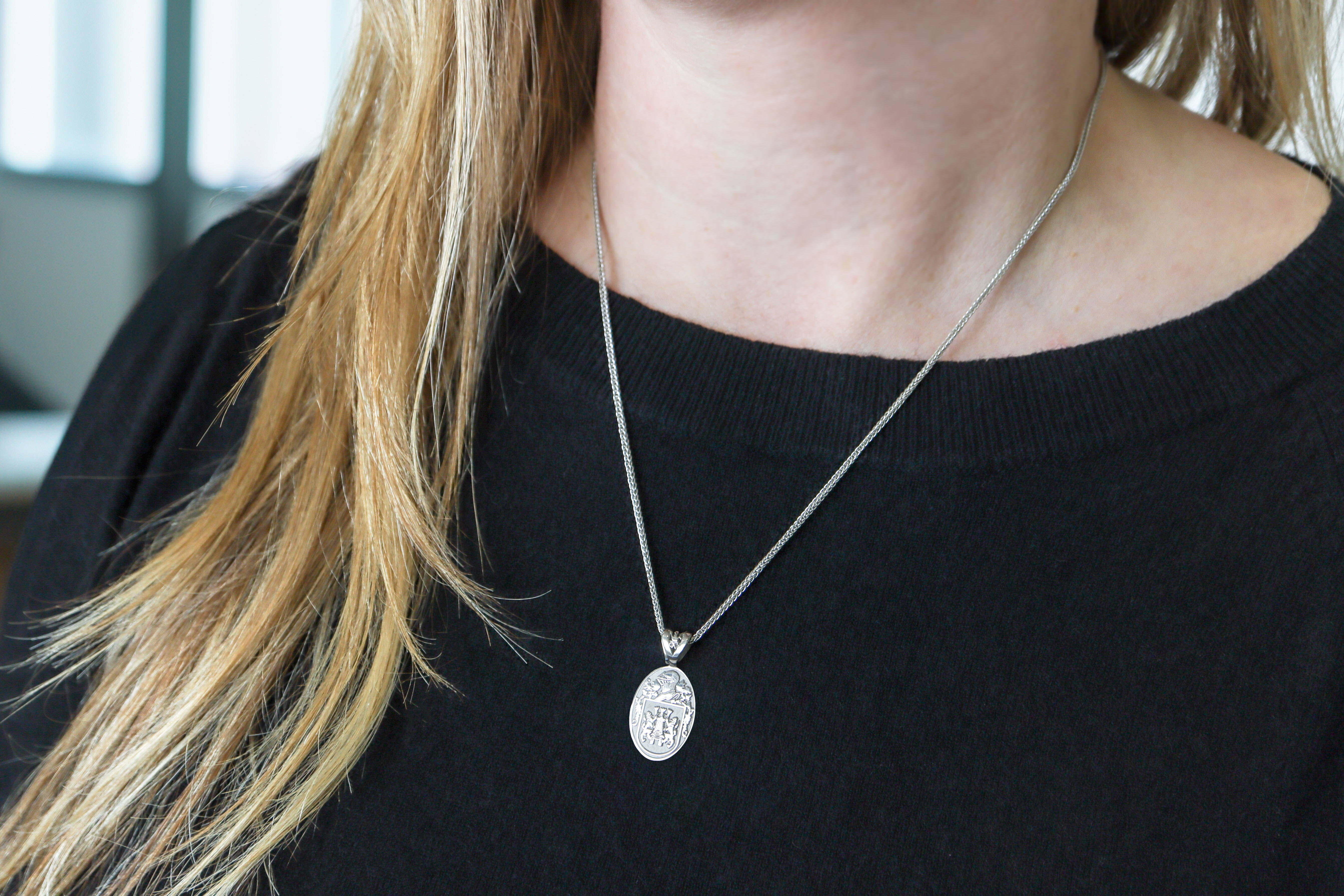 Family Crest & Medals and Medallions Necklace in White Gold - Model Photo