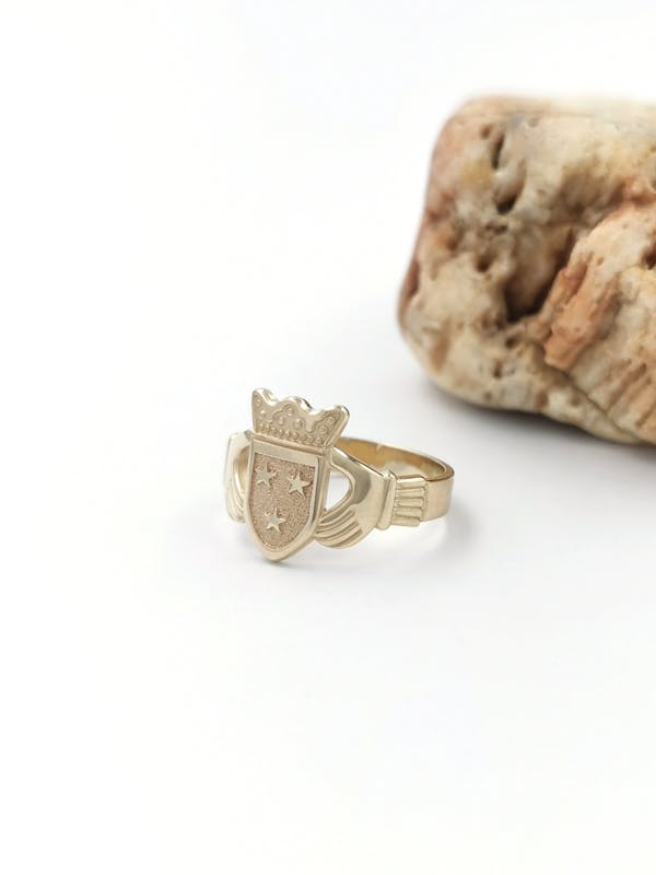Mens Family Crest & Claddagh Ring in Real 14K Yellow Gold