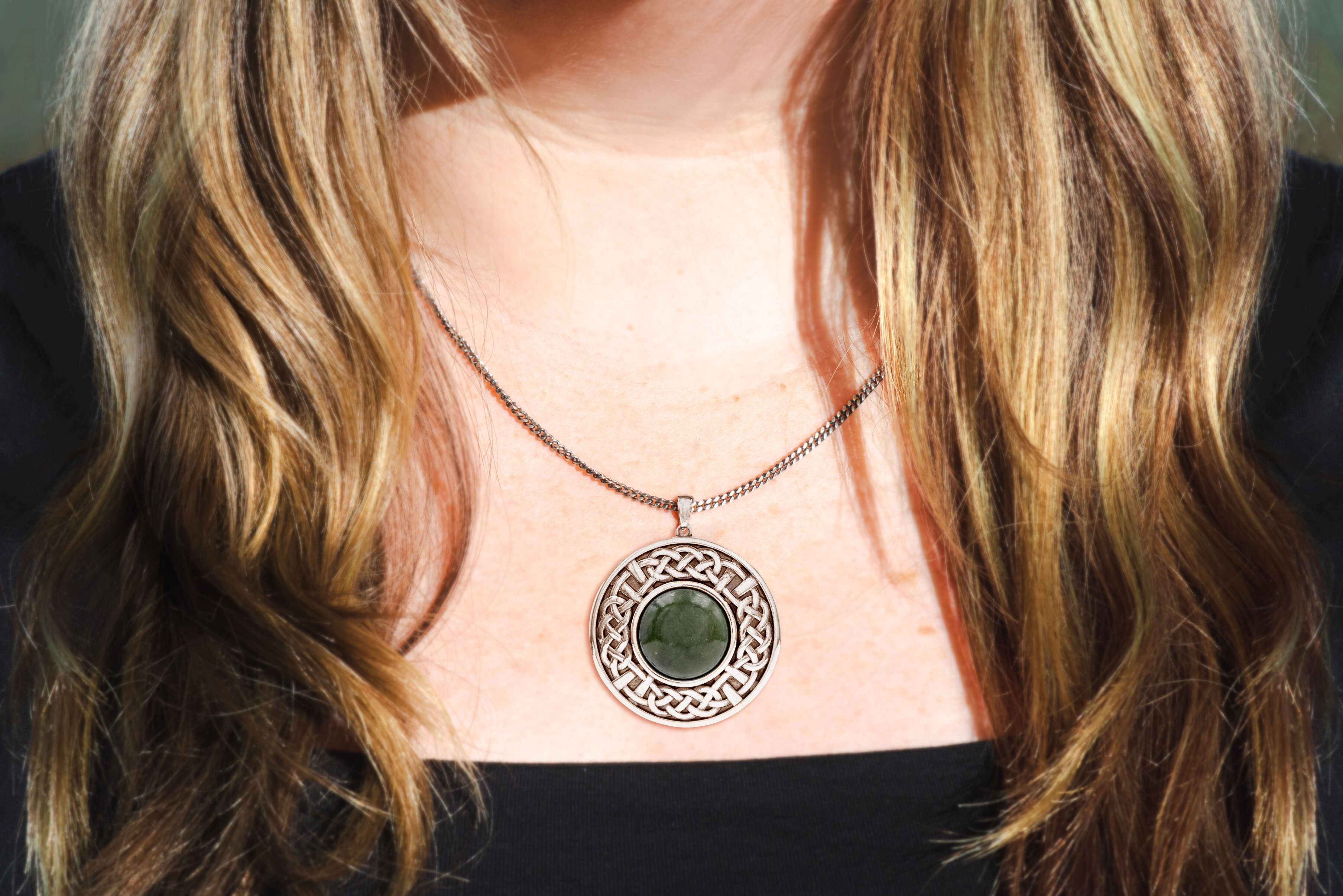 Large Attractive Sterling Silver Connemara Marble Necklace With a Oxidized Finish For Women - Model Photo