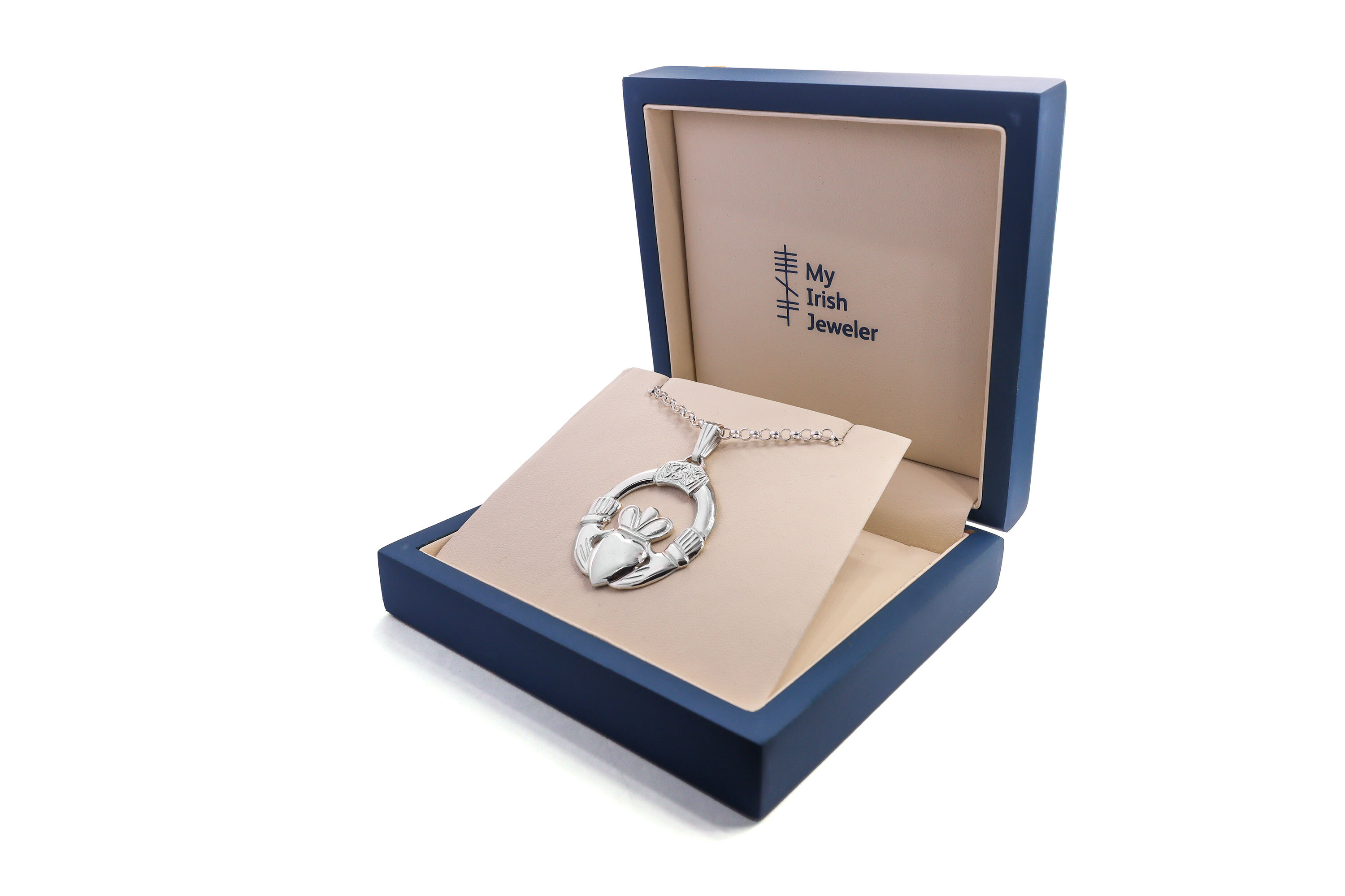 Large Attractive Sterling Silver Claddagh & Trinity Knot Necklace