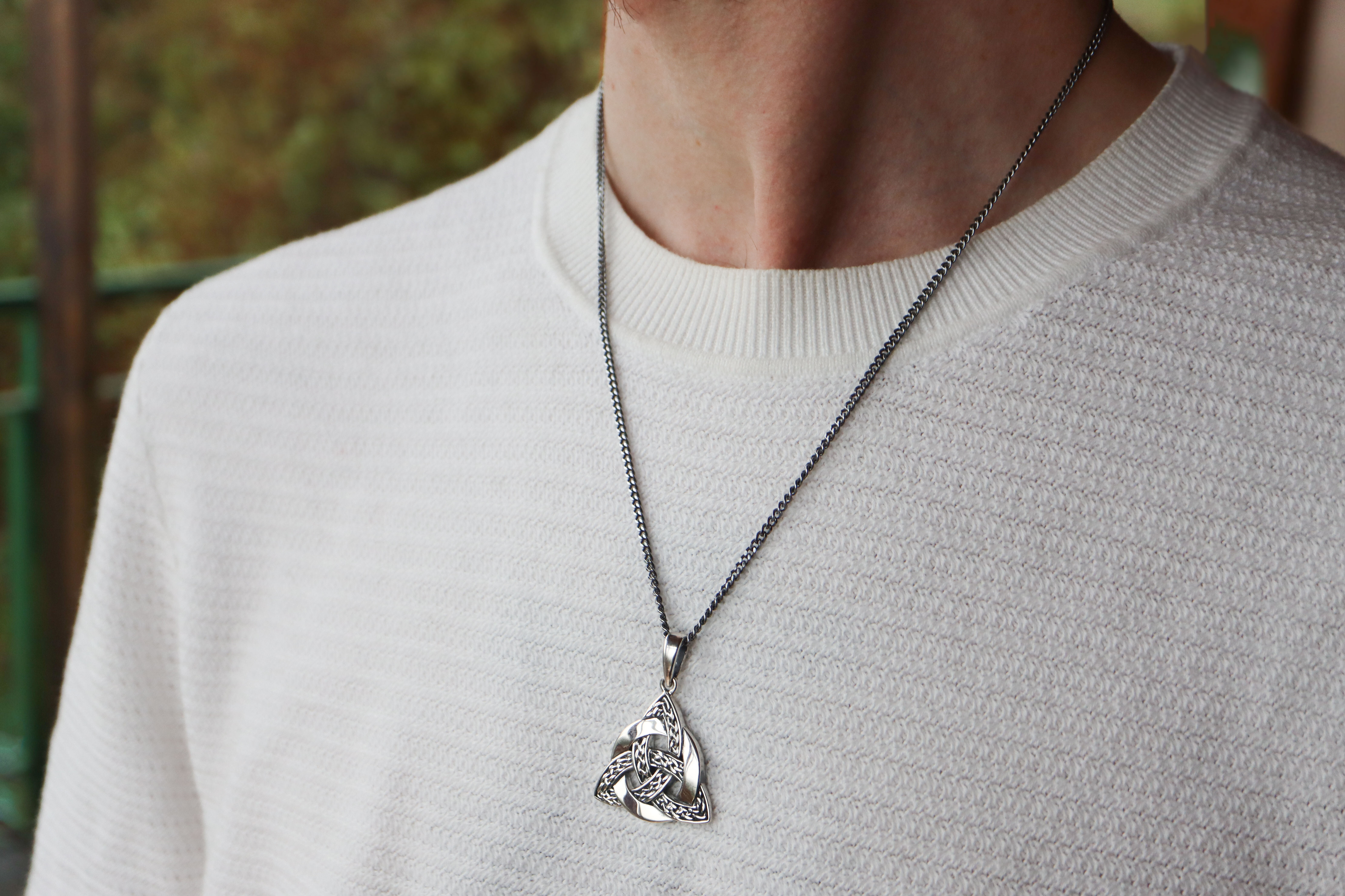 Irish Sterling Silver Trinity Knot Necklace For Men - Model Photo