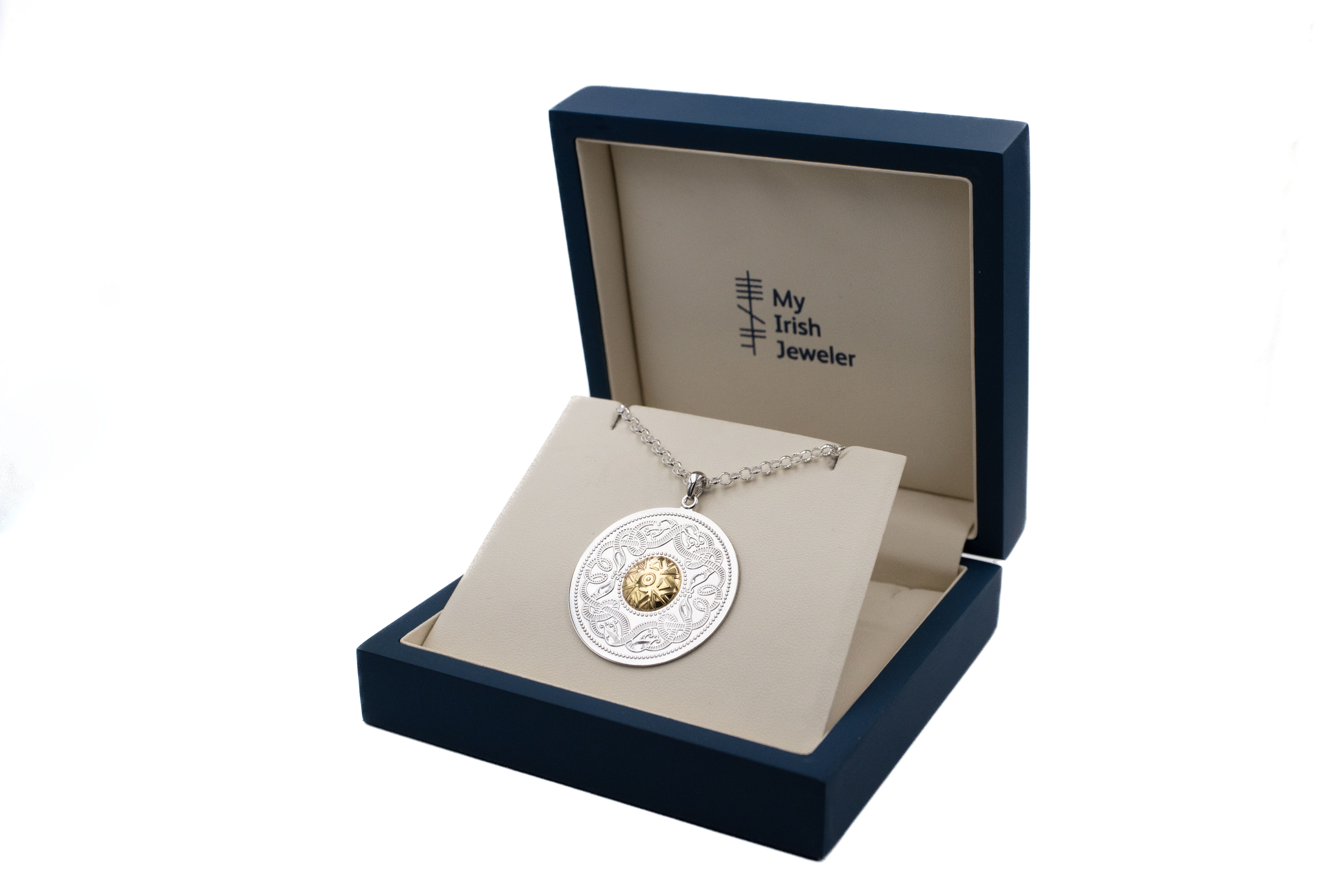 Large Gorgeous Sterling Silver & 18K Yellow Gold Celtic Warrior & Celtic Knot & Medals and Medallions Necklace. In Luxury Packaging.