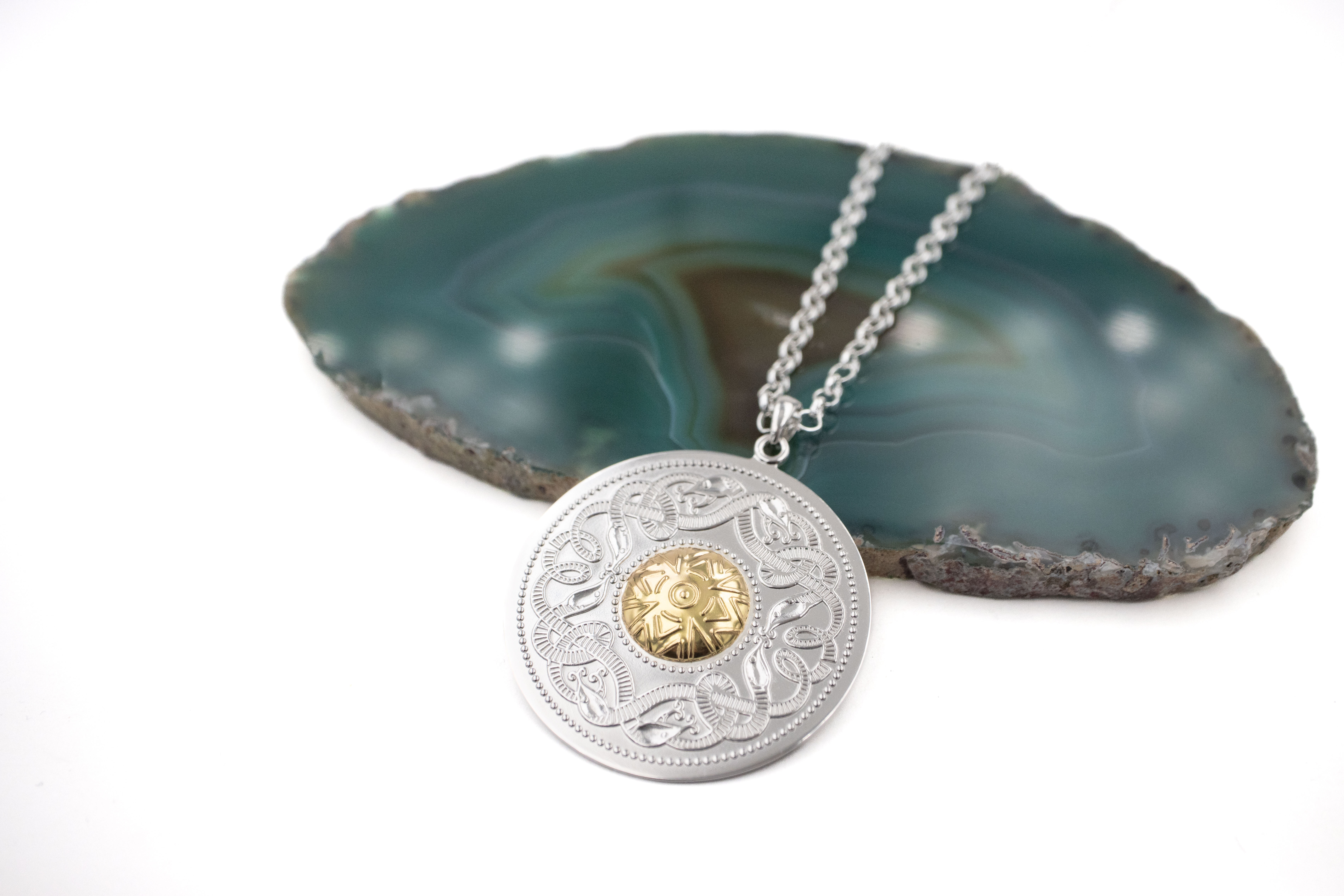 Authentic Sterling Silver & 18K Yellow Gold Celtic Warrior Necklace. Pictured Flat.