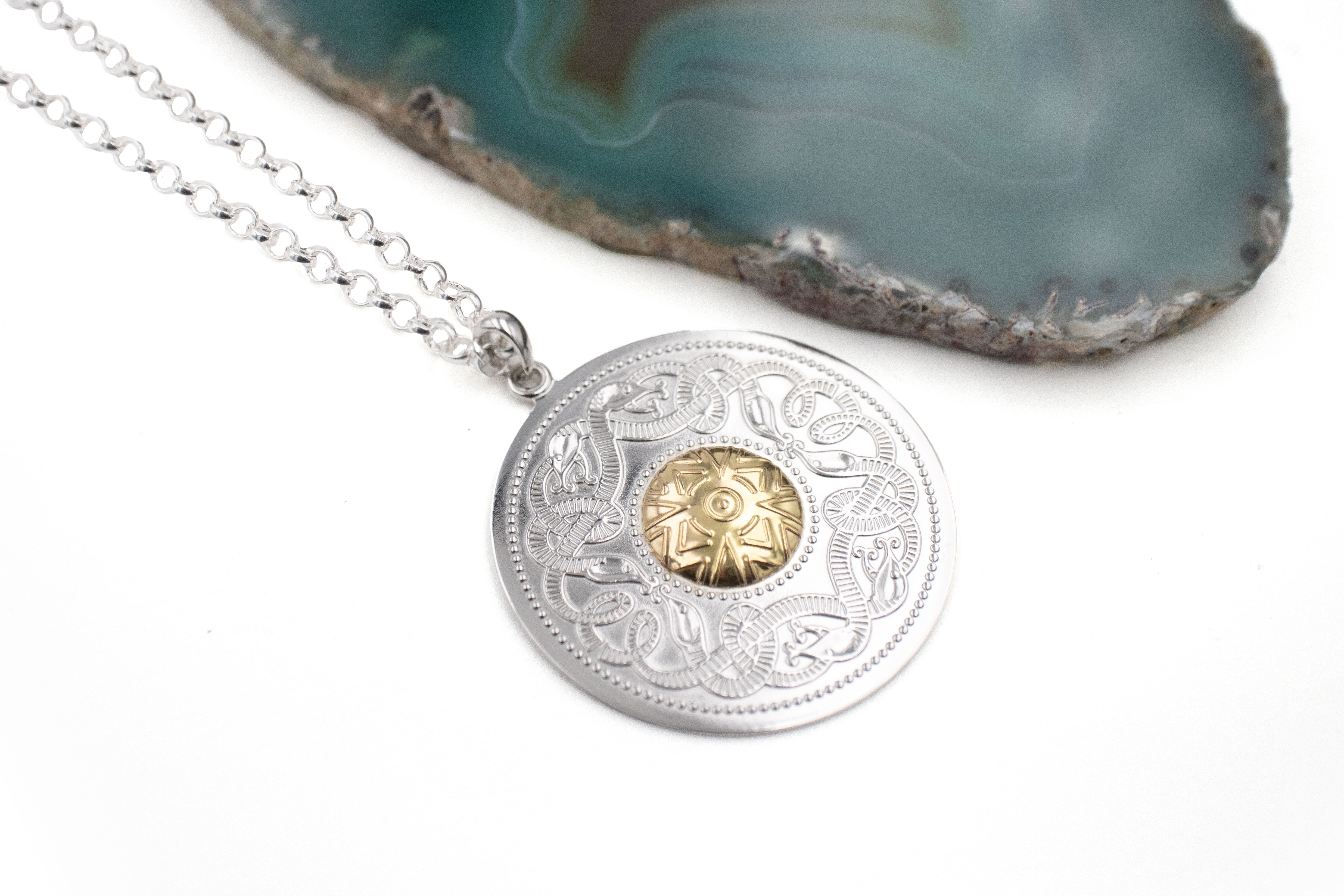 Celtic Warrior & Celtic Knot & Medals and Medallions Necklace in Sterling Silver & 18K Yellow Gold. Pictured Flat.