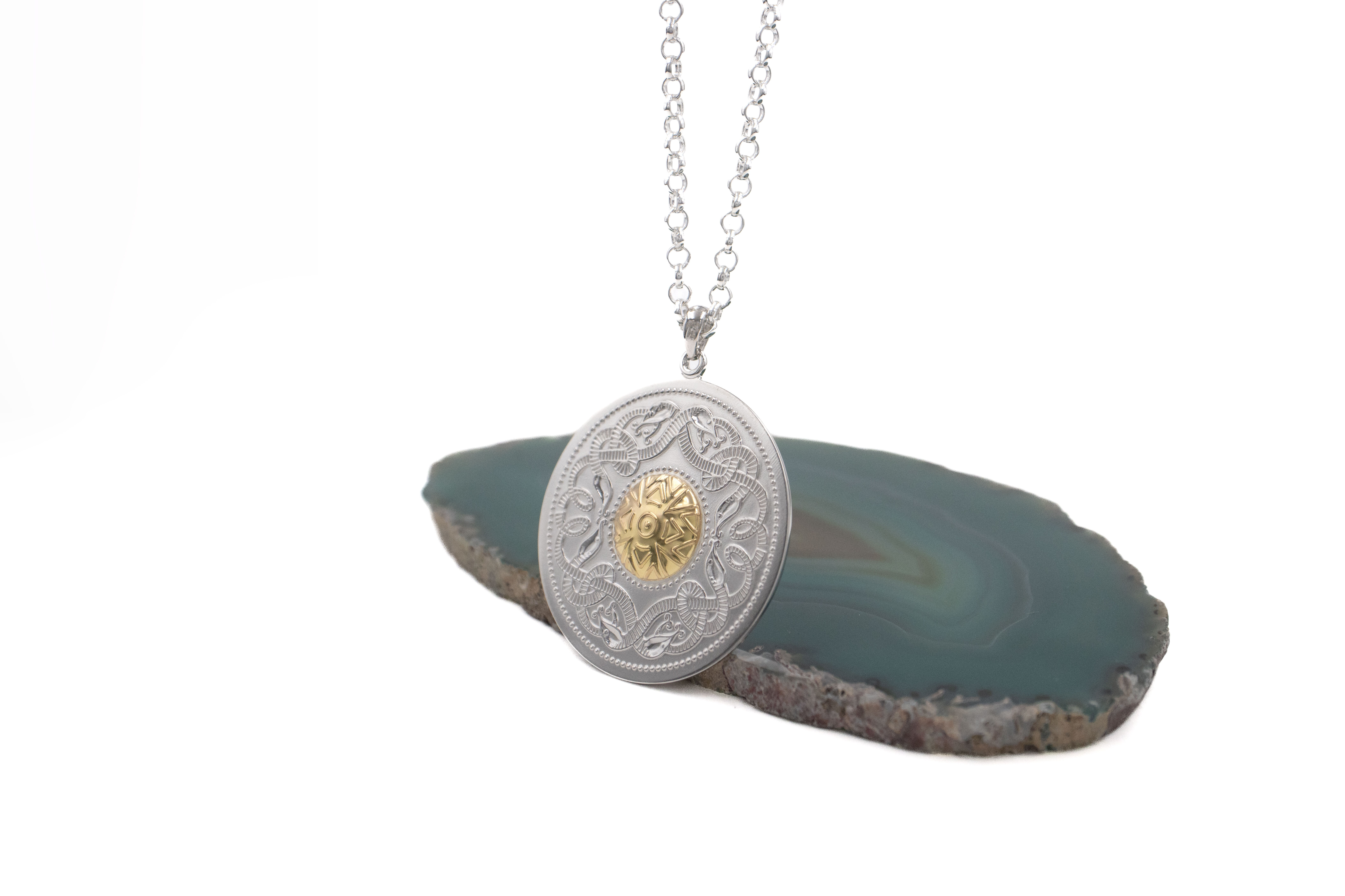 Large Irish Sterling Silver & 18K Yellow Gold Celtic Warrior & Celtic Knot & Medals and Medallions Necklace. Side View.