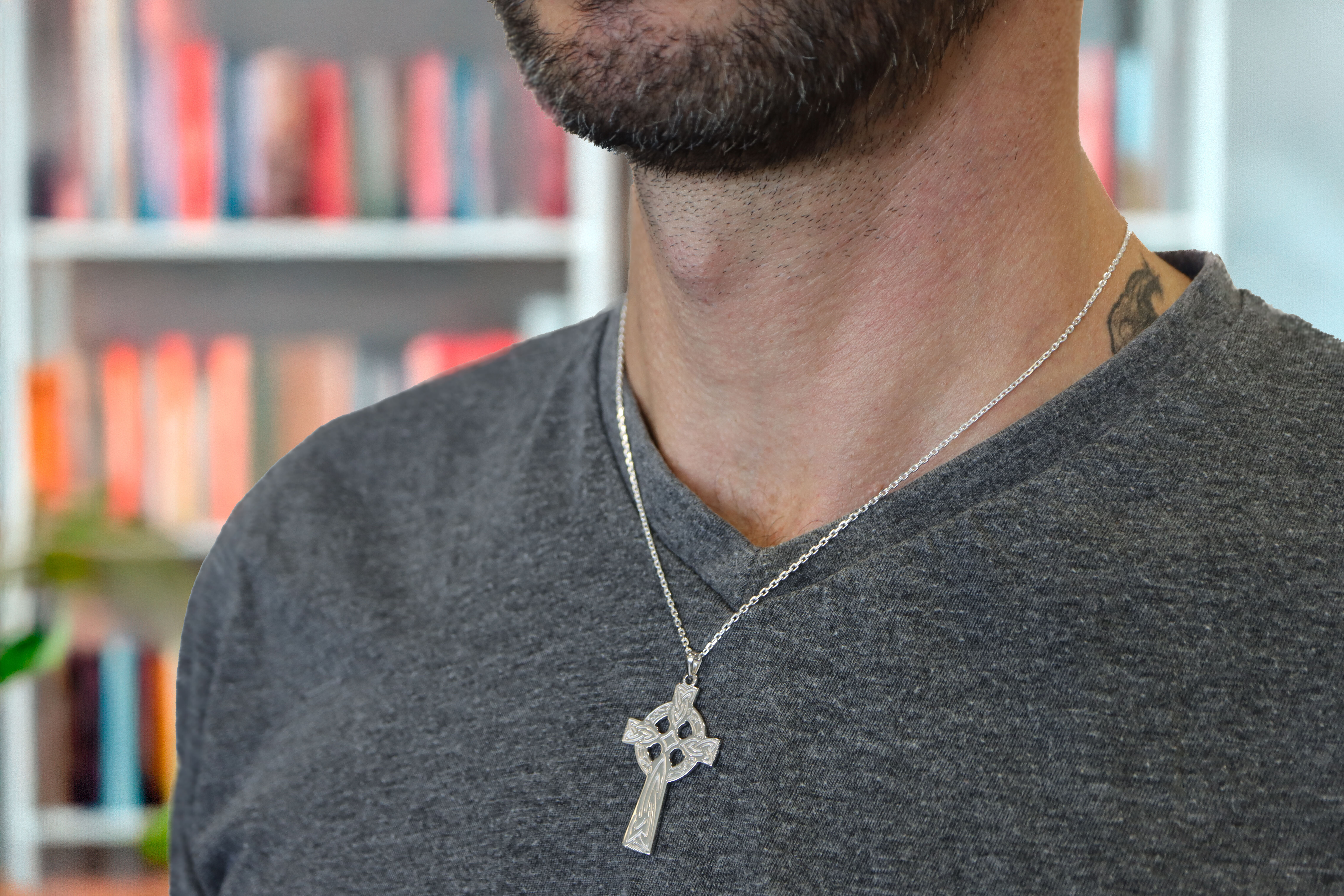 Genuine Sterling Silver Celtic Cross Necklace For Men - Model Photo
