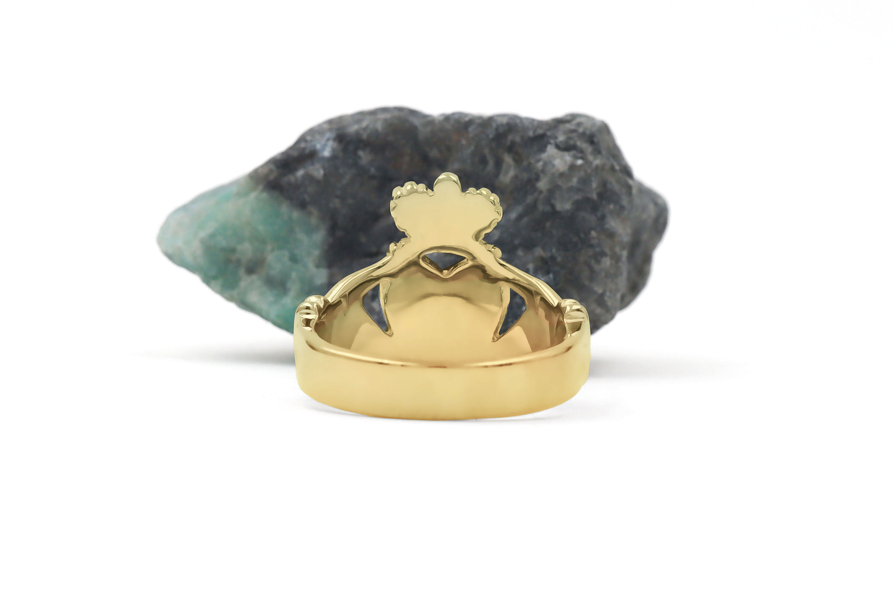 Large Authentic Yellow Gold Claddagh 18.0mm Ring For Men. Picture Of The Back.