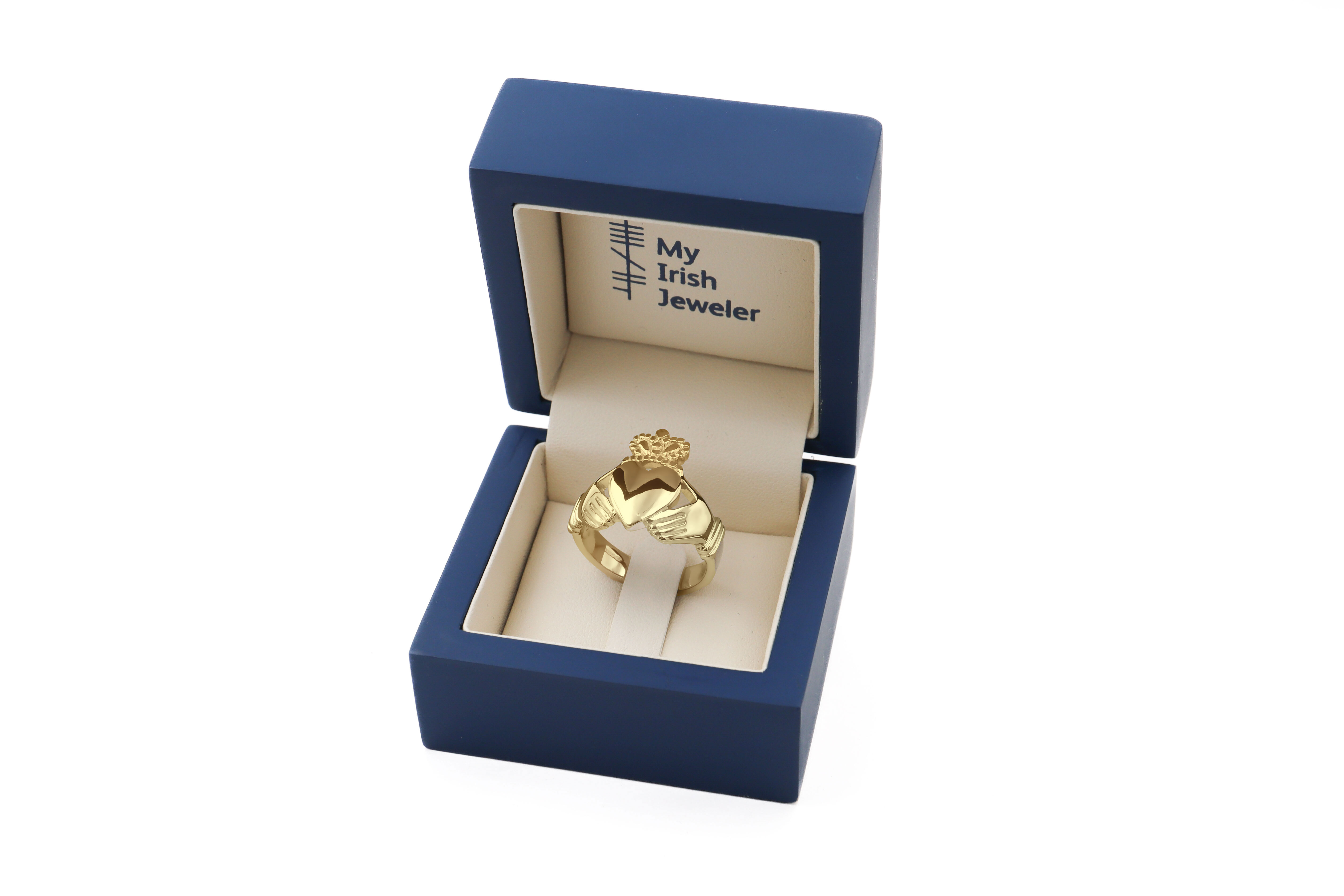 Large Authentic 14K Yellow Gold Claddagh Ring For Men. In Luxury Packaging.