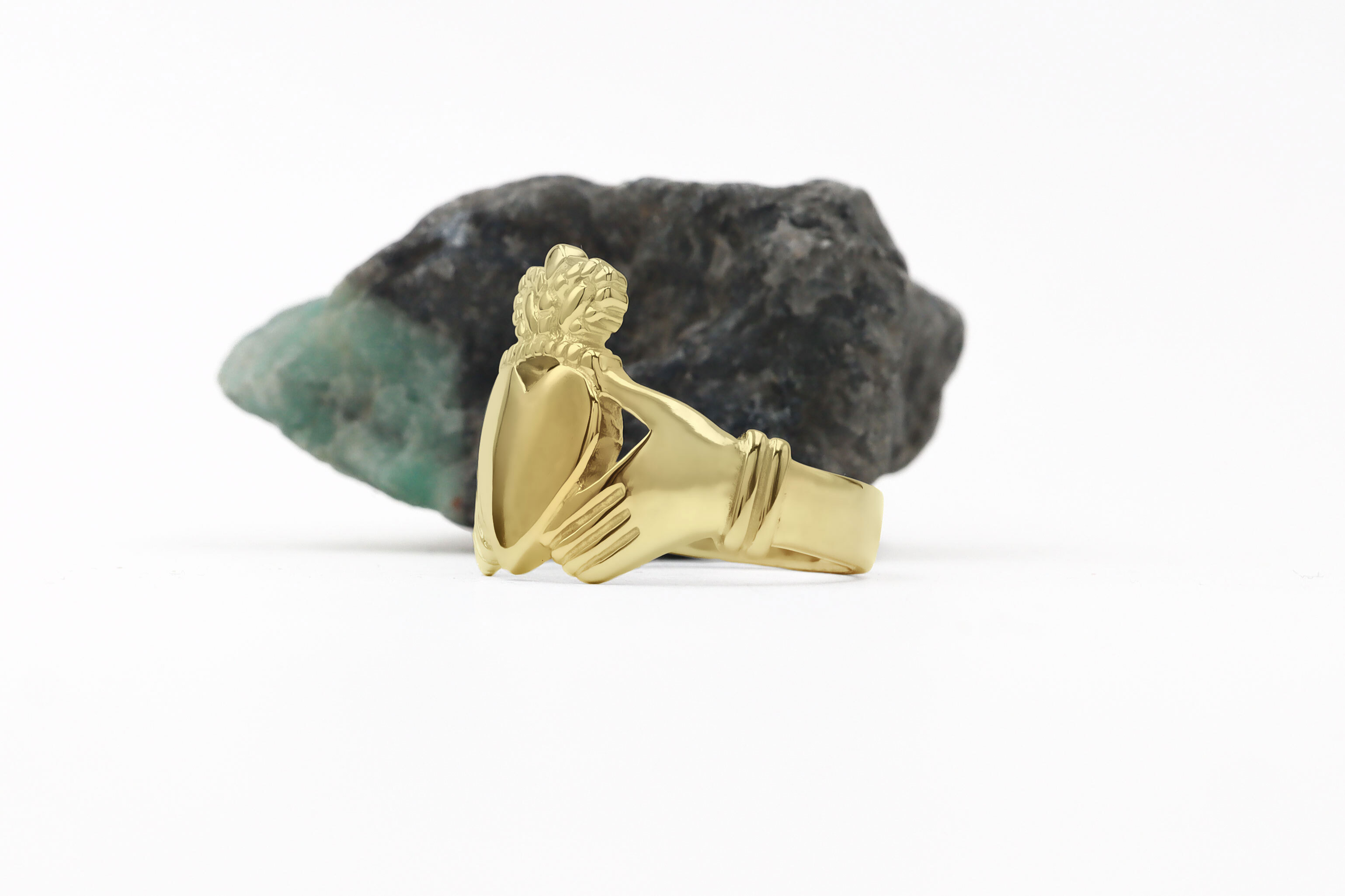 Large Striking 14K Yellow Gold Claddagh Ring For Men. Side View.