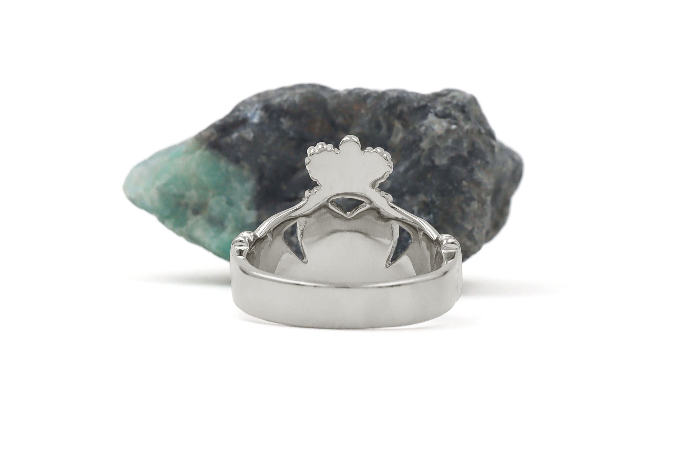 Large Attractive White Gold Claddagh 18.0mm Ring For Men. Picture Of The Back.