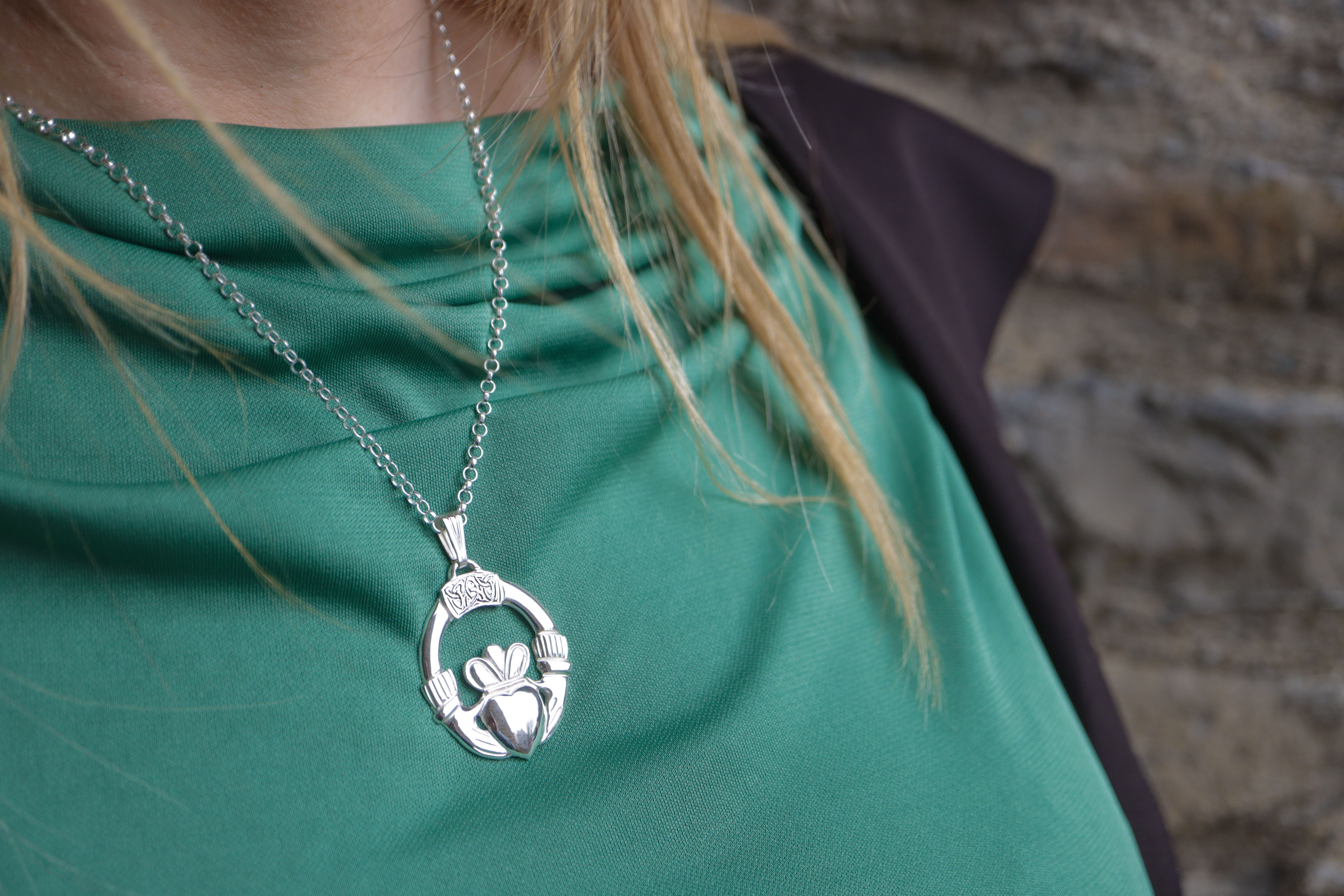 Large Gorgeous Sterling Silver Claddagh Necklace - Model Photo