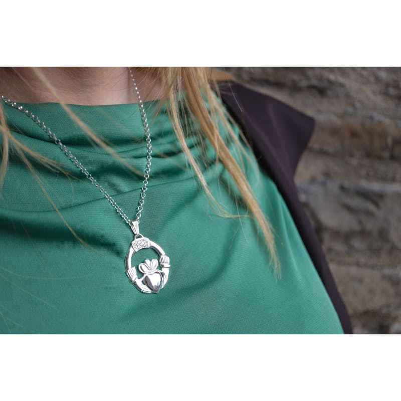 Large Gorgeous Sterling Silver Claddagh Necklace - Model Photo