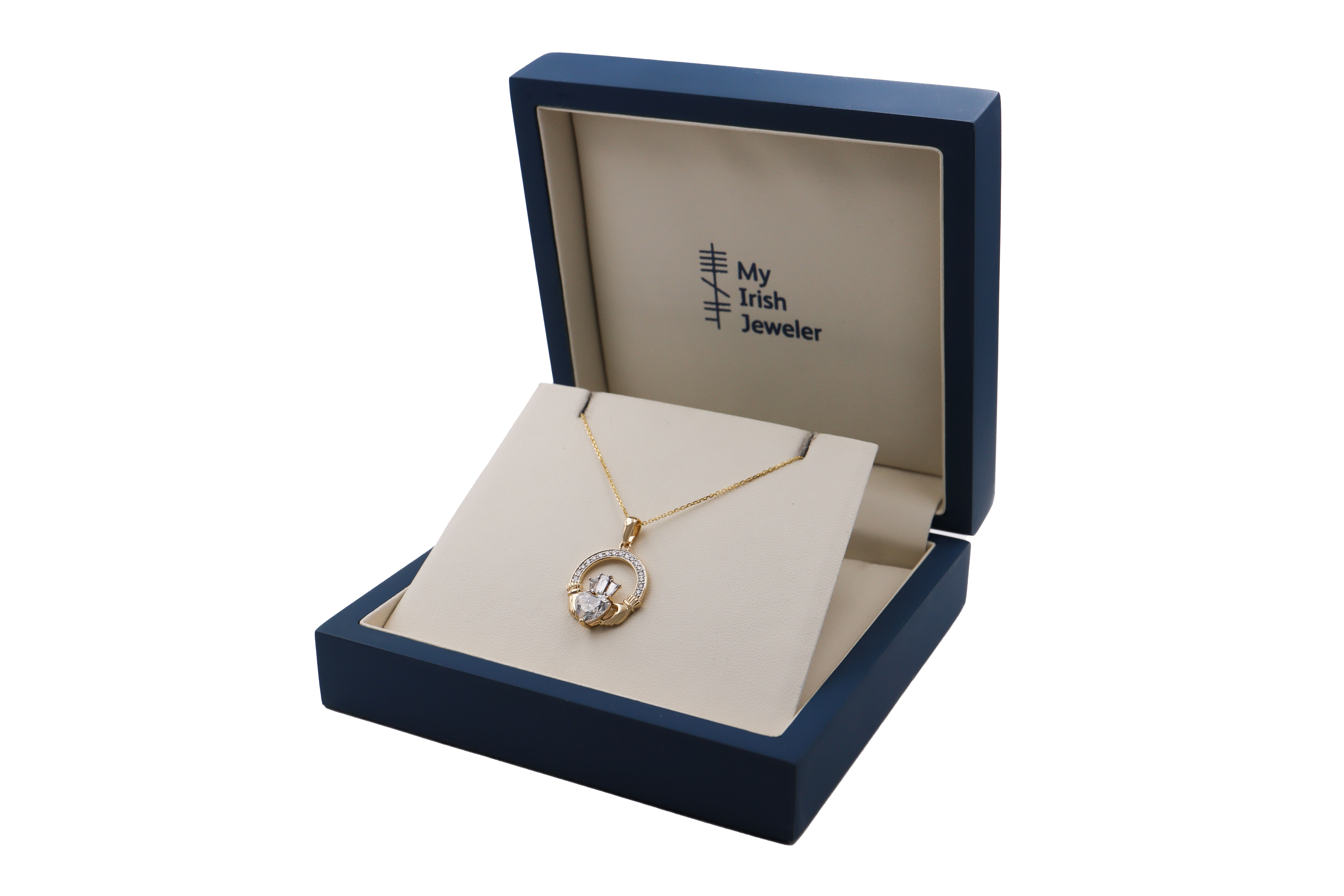 Luxury 1ct Diamond Crown Claddagh Necklace small Sku 25227 box