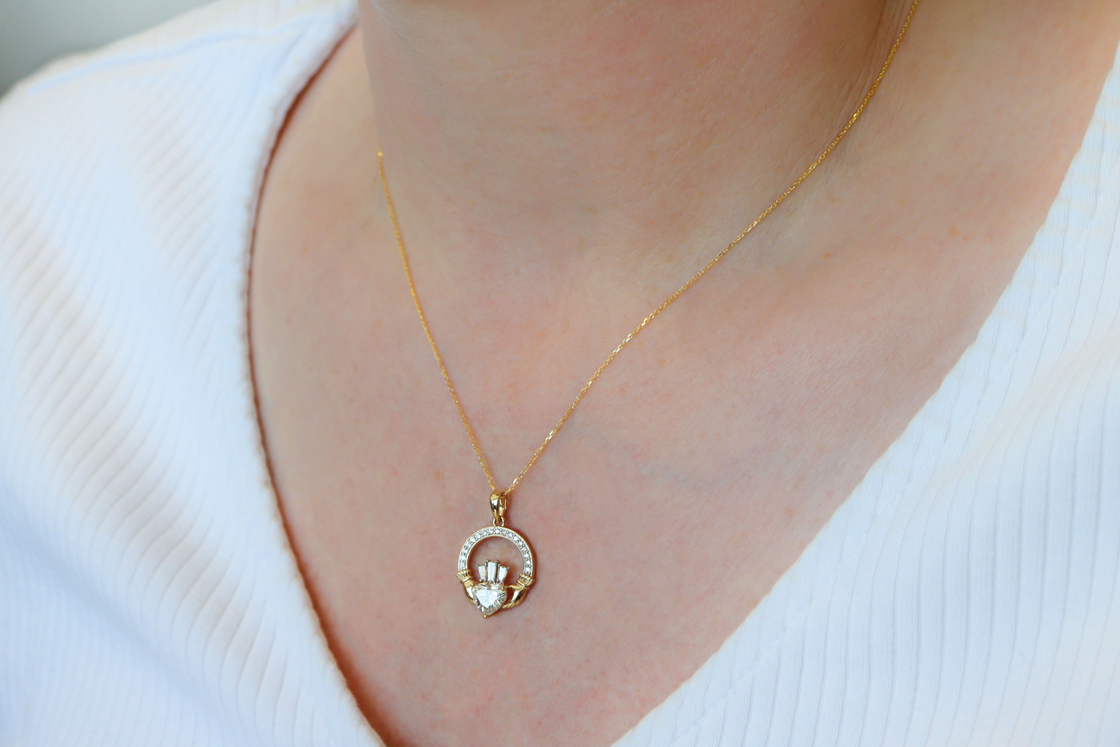 Luxury 1ct Diamond Crown Claddagh Necklace small Sku 25227 model
