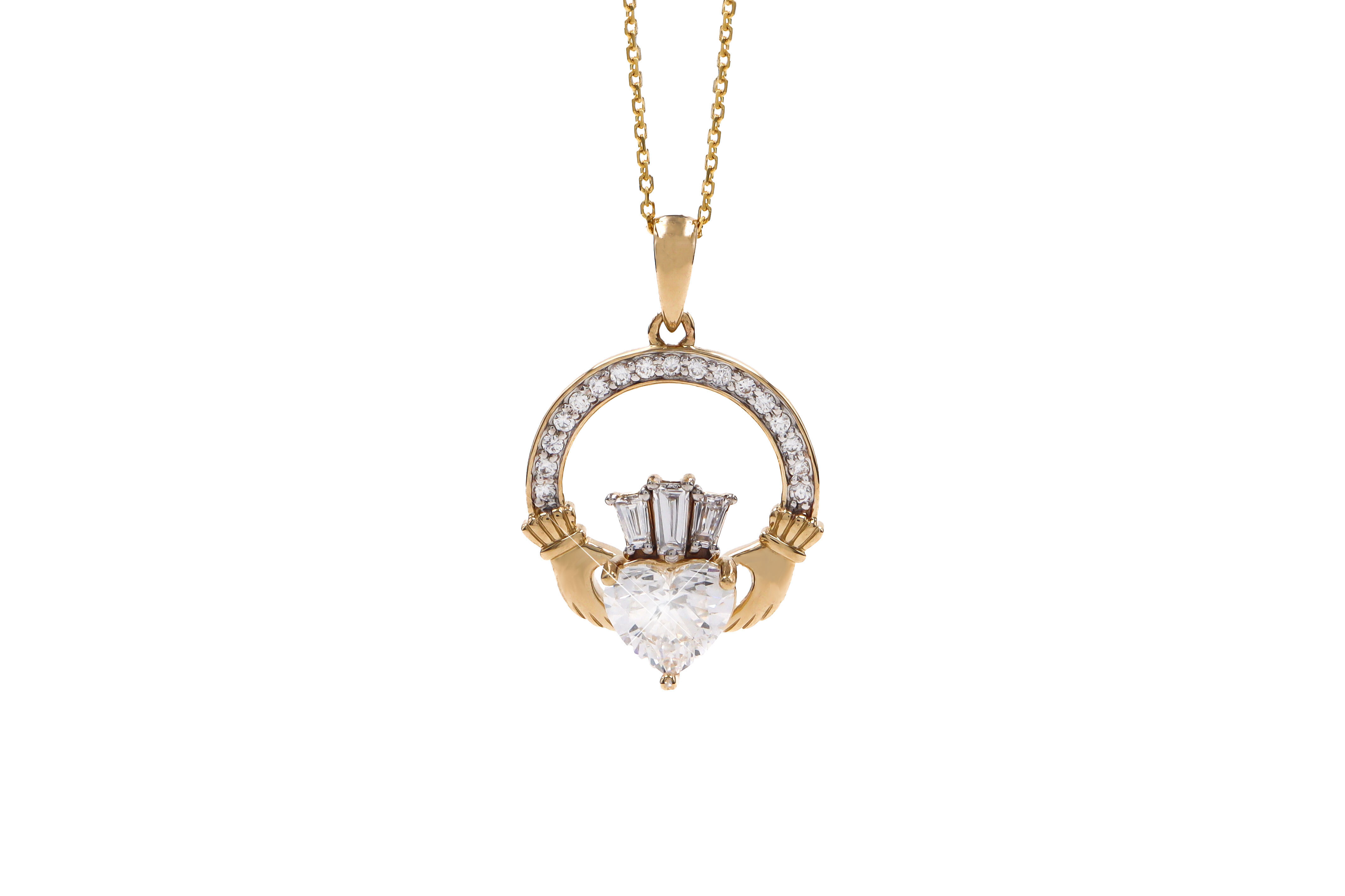 Luxury 1ct Diamond Crown Claddagh Necklace small Sku 25227 white background