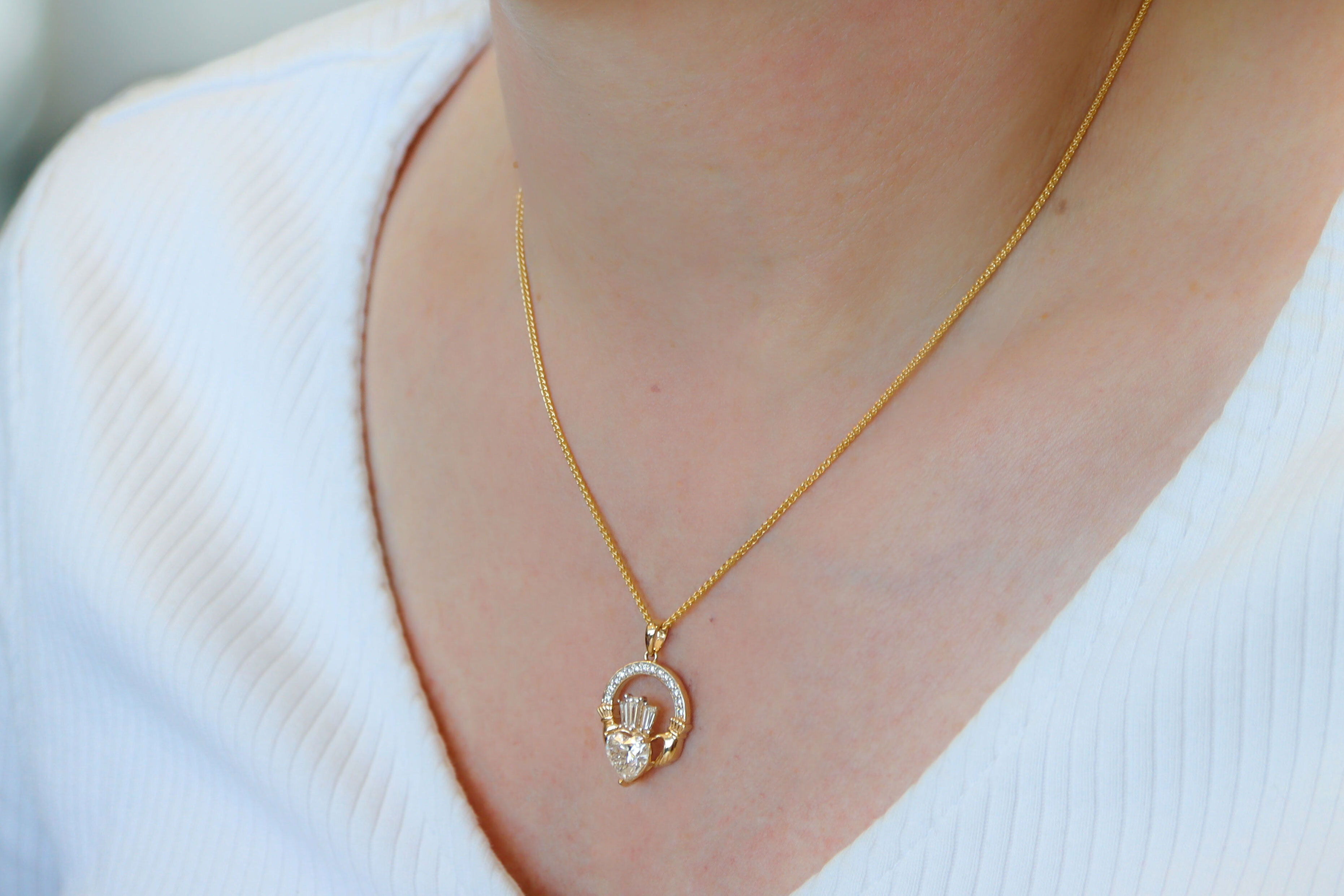 Luxury 2ct Diamond Crown Claddagh Necklace large Sku 25226 model