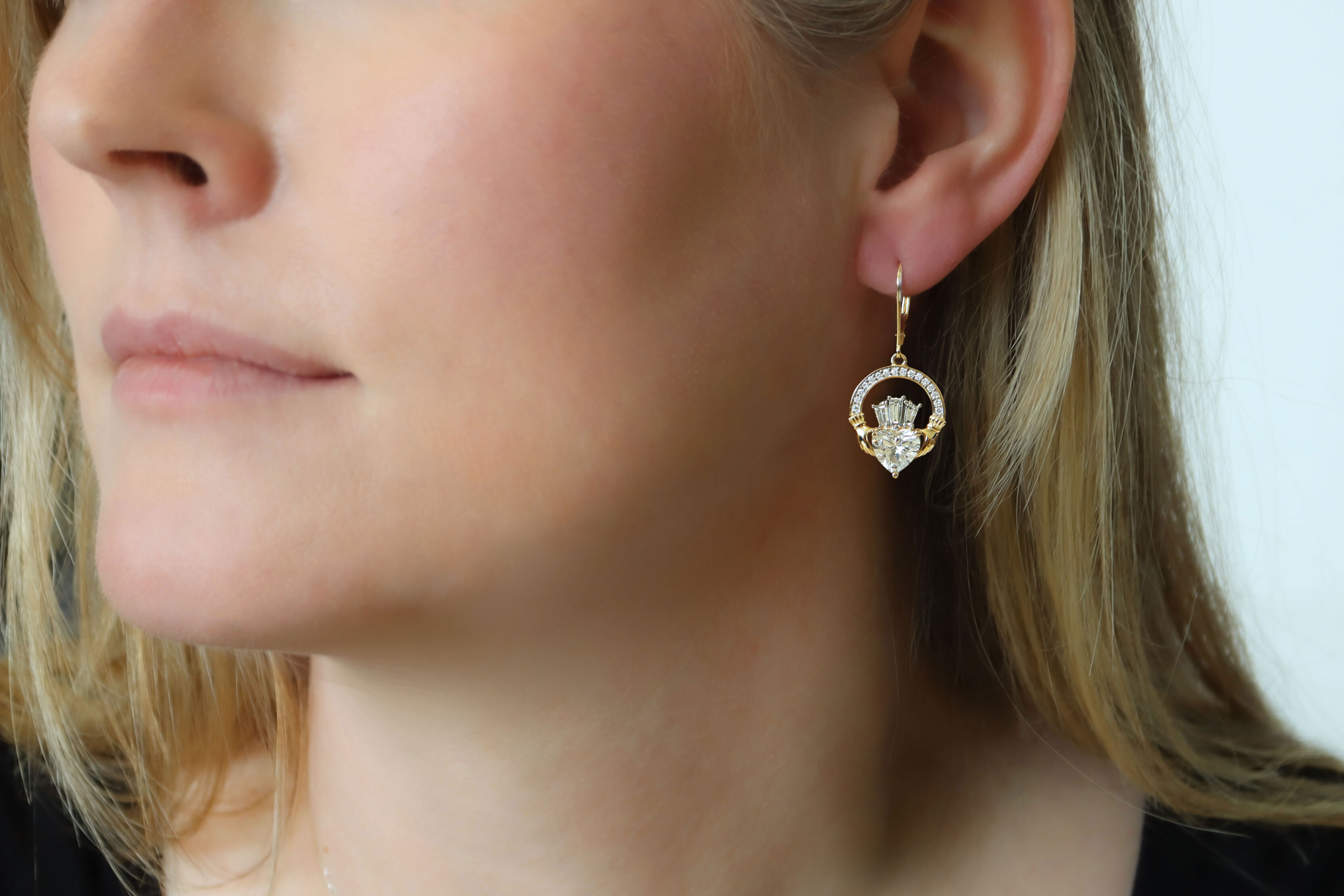 Luxury 3 TCW Diamond Claddagh Drop Earrings sku 25224 model