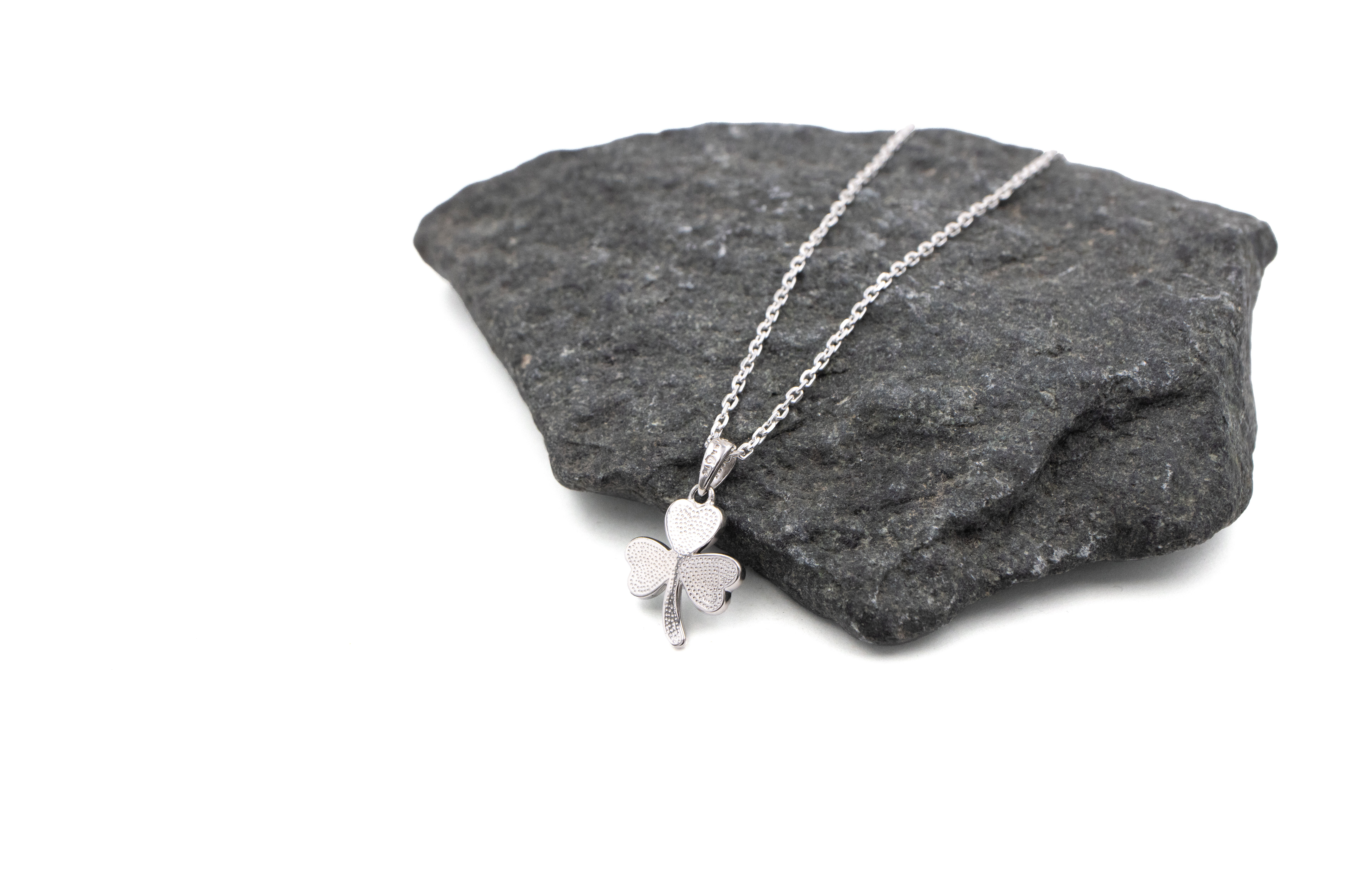 Irish Sterling Silver Shamrock Necklace With a Polished Finish For Women. Picture Of The Back.