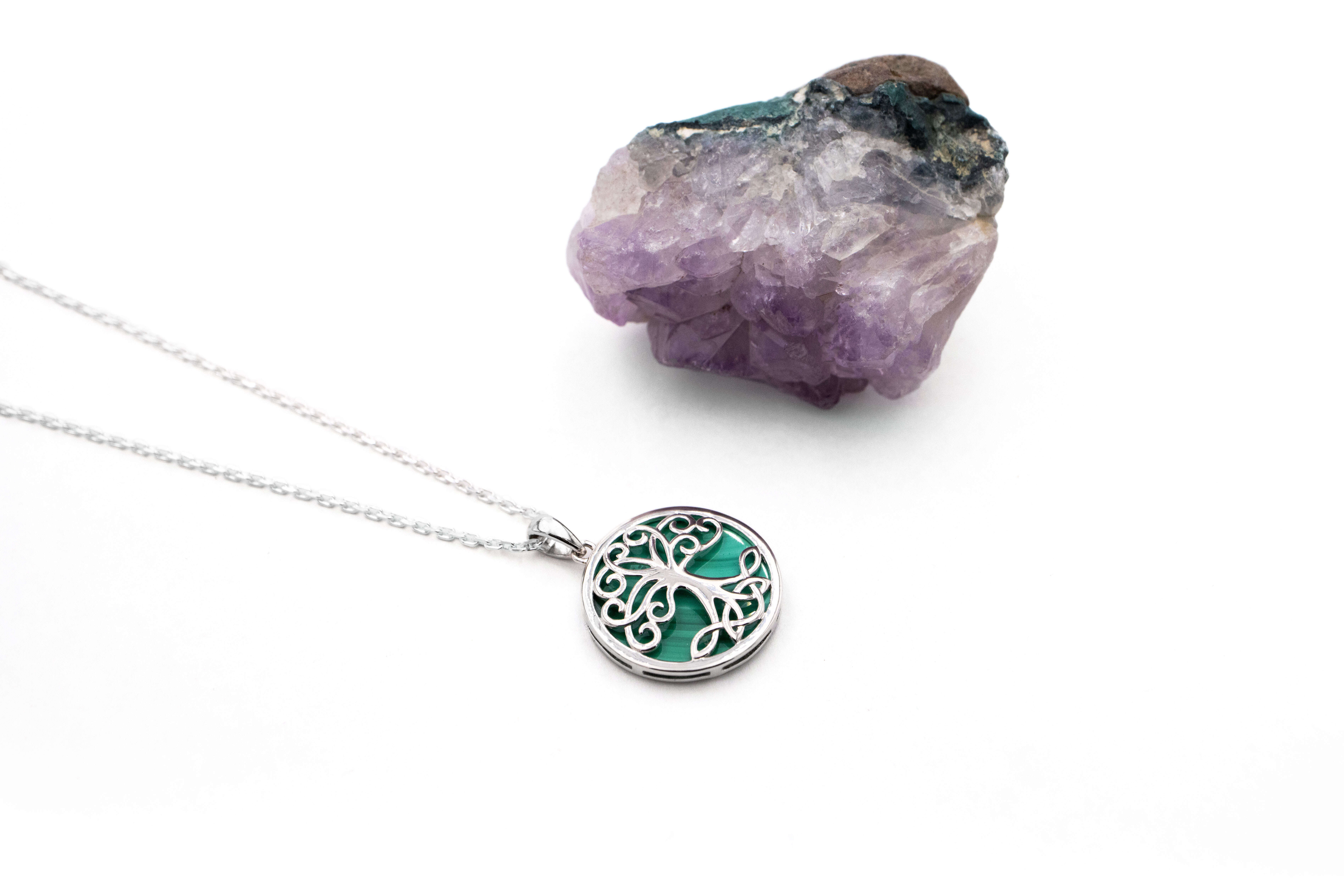 Womens Striking Polished Sterling Silver Tree of Life Necklace. Pictured Flat.