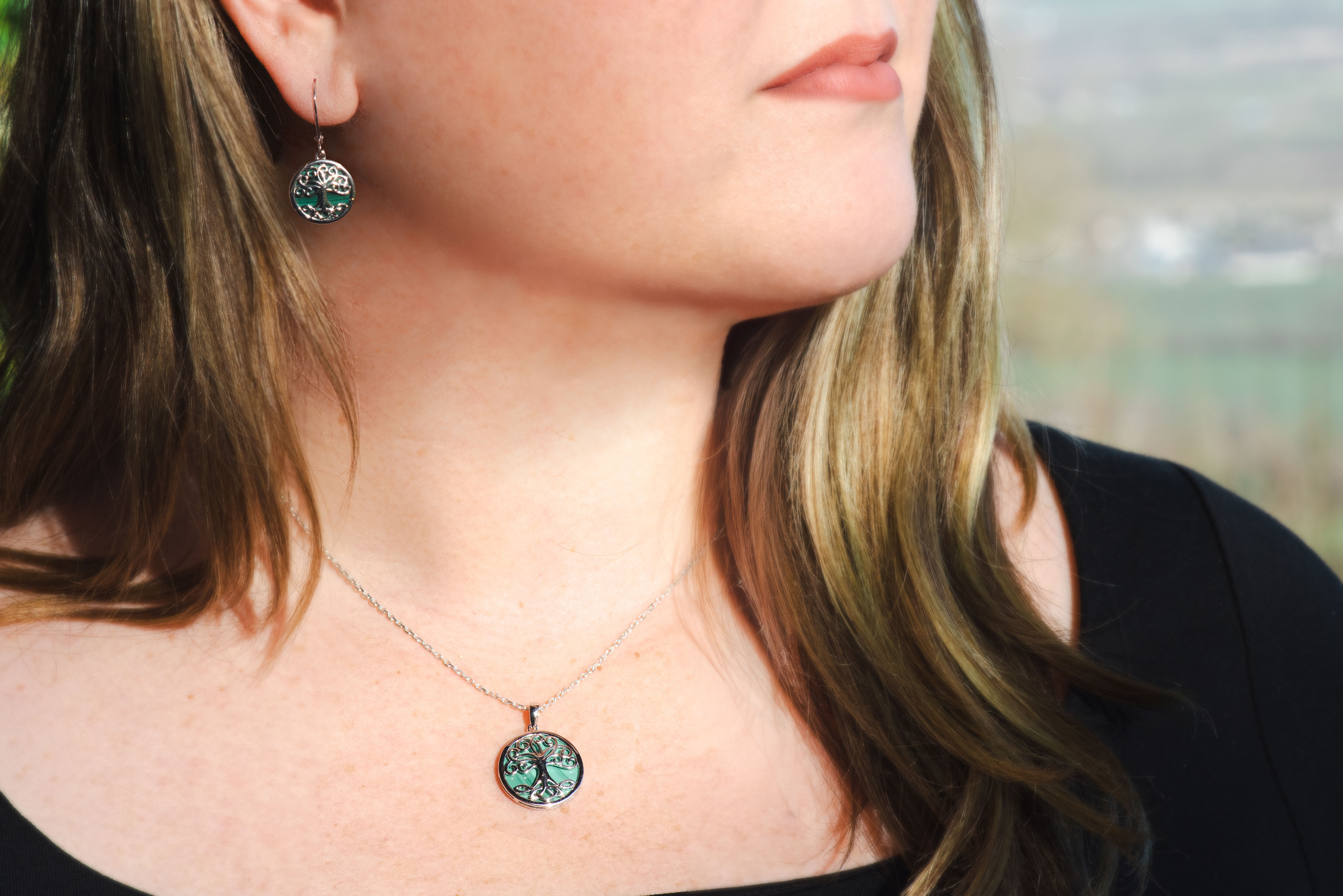 Irish Sterling Silver Tree of Life Necklace With a Polished Finish For Women - Model Photo