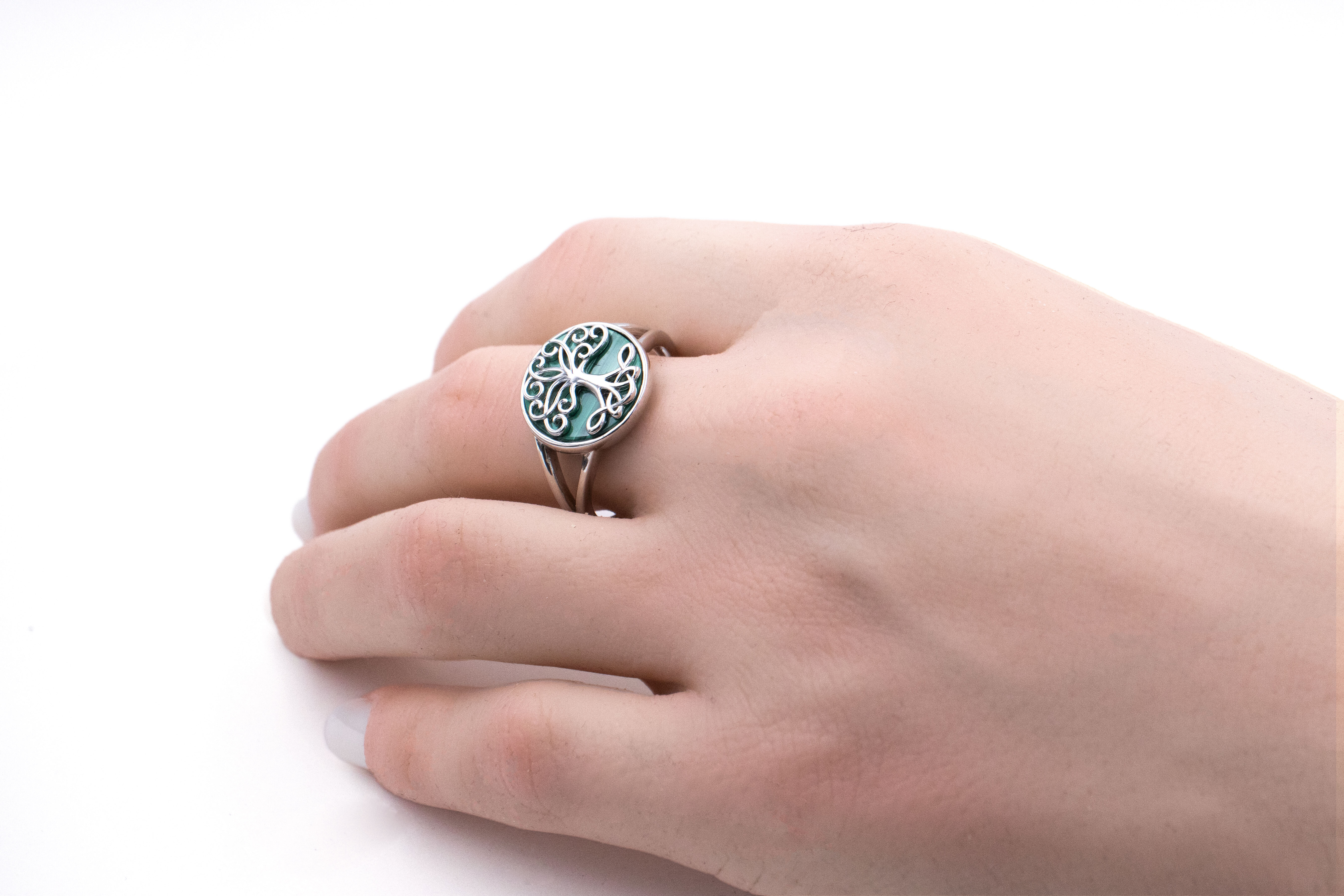 Genuine Sterling Silver Tree of Life Ring With a Polished Finish For Women - Model Photo
