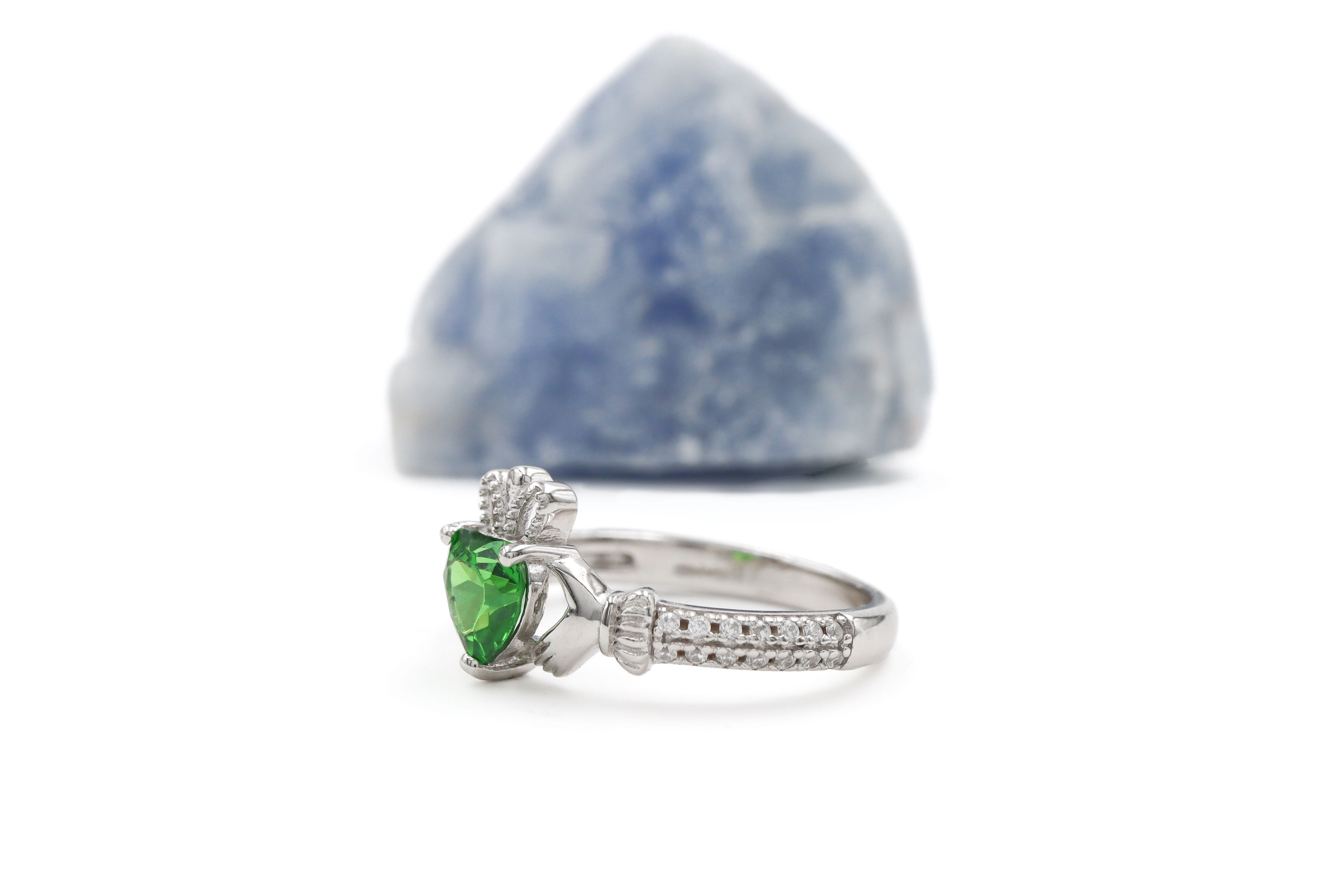 Personalised Sterling Silver May Birthstone Ring For Women. Side View.