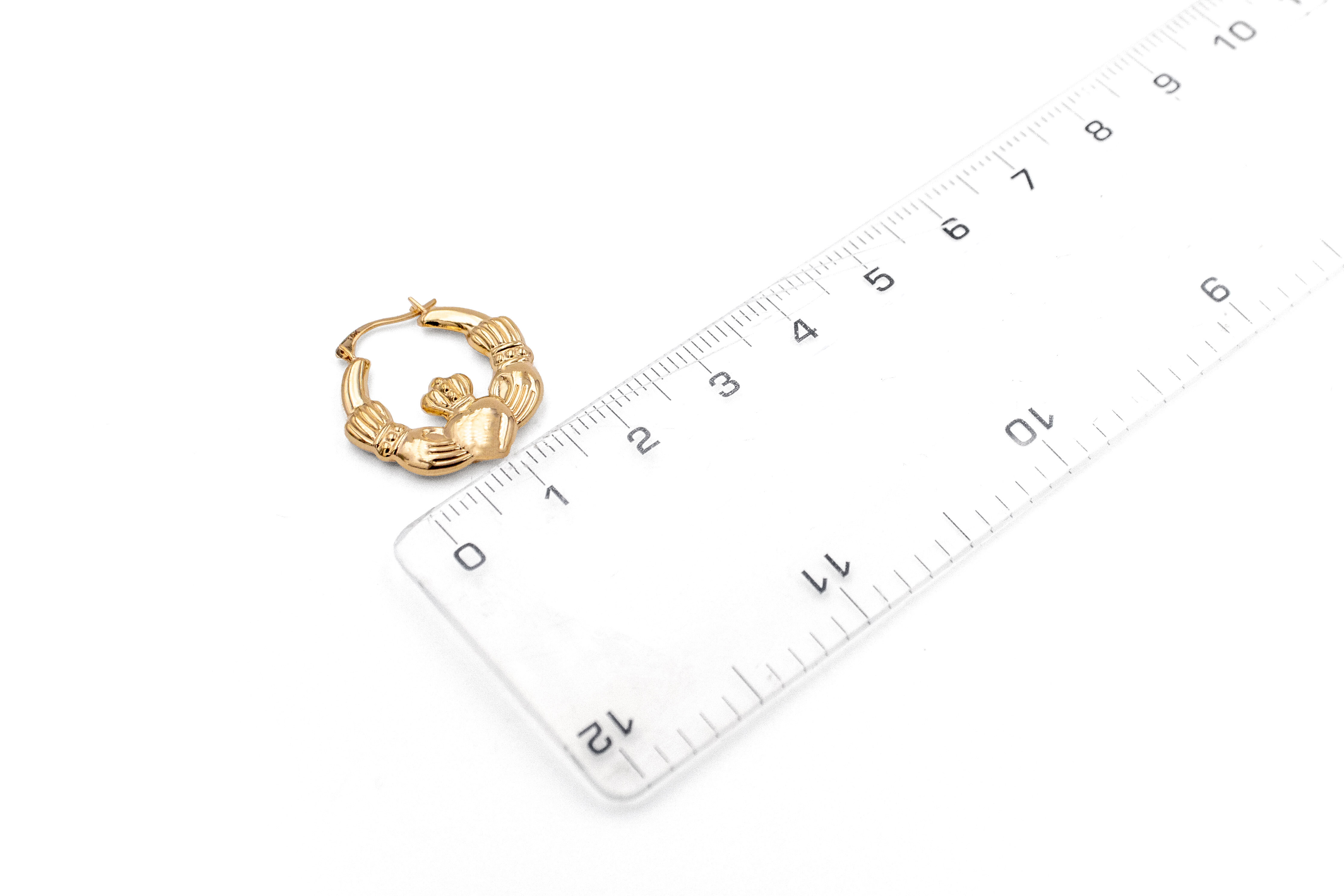 Real Yellow Gold Claddagh Earrings For Women. Picture For Scale.