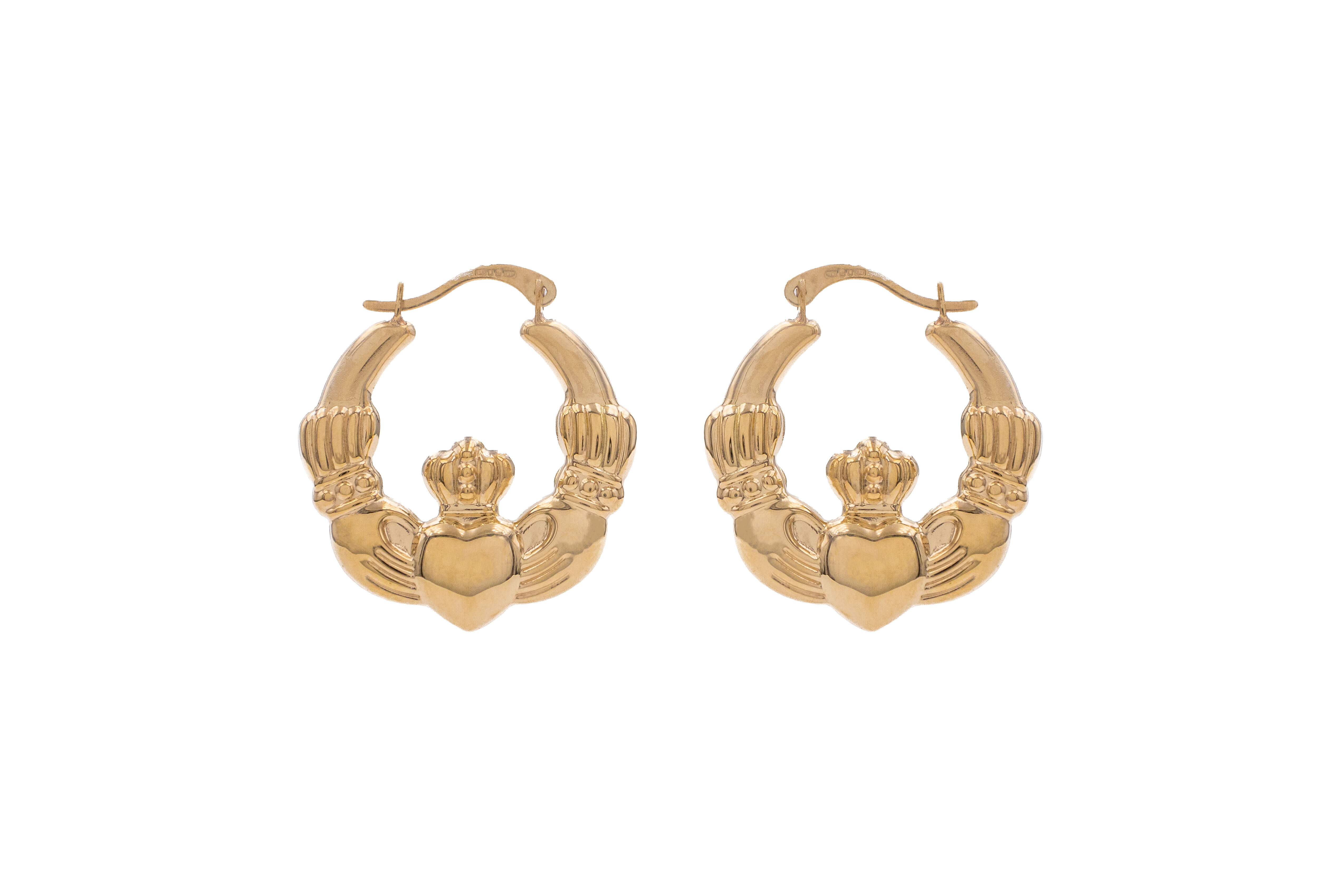 Medium Sized Gorgeous Yellow Gold Claddagh Earrings For Women