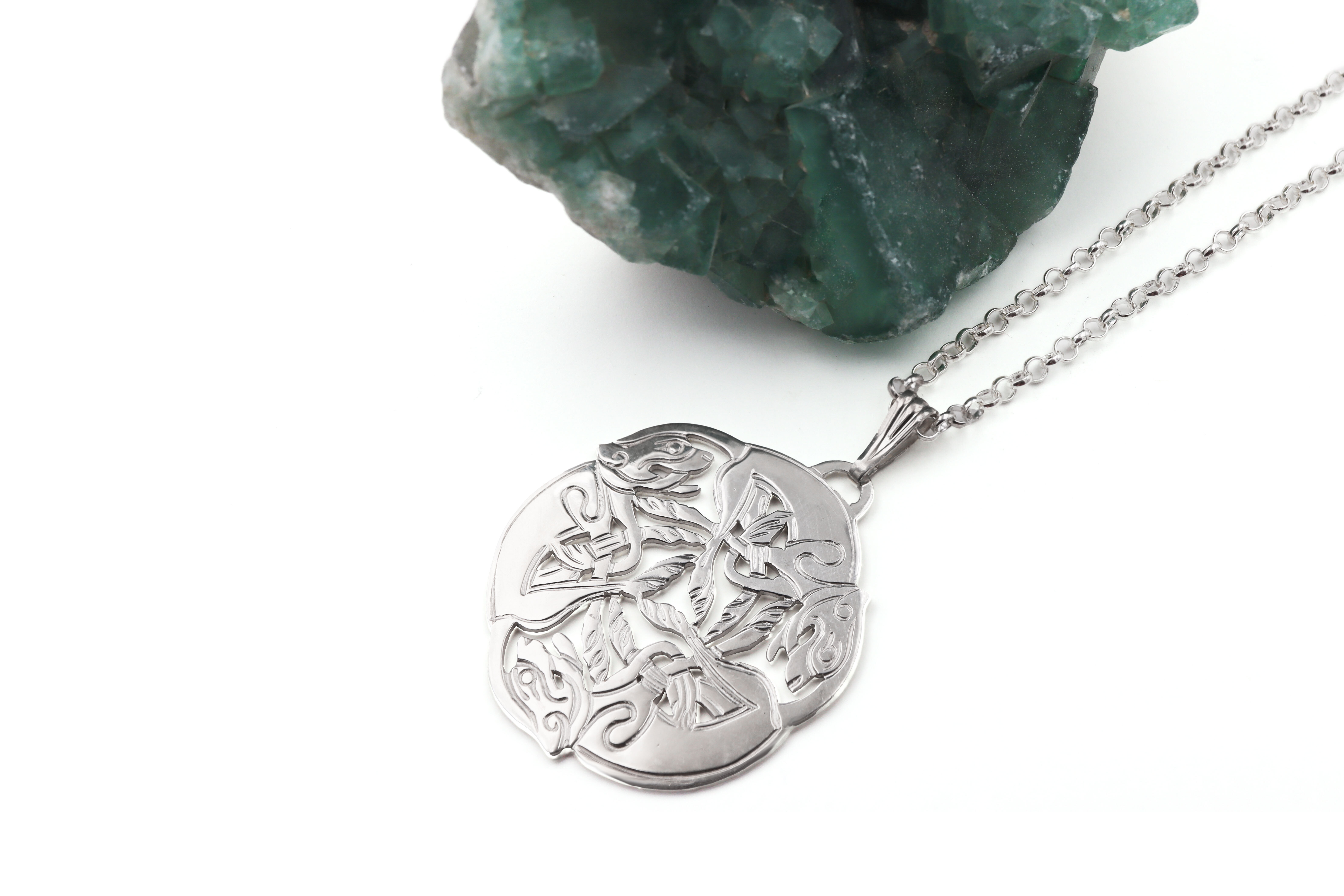 Medium Sized Womens Striking Sterling Silver Book of Kells Necklace. Pictured Flat.