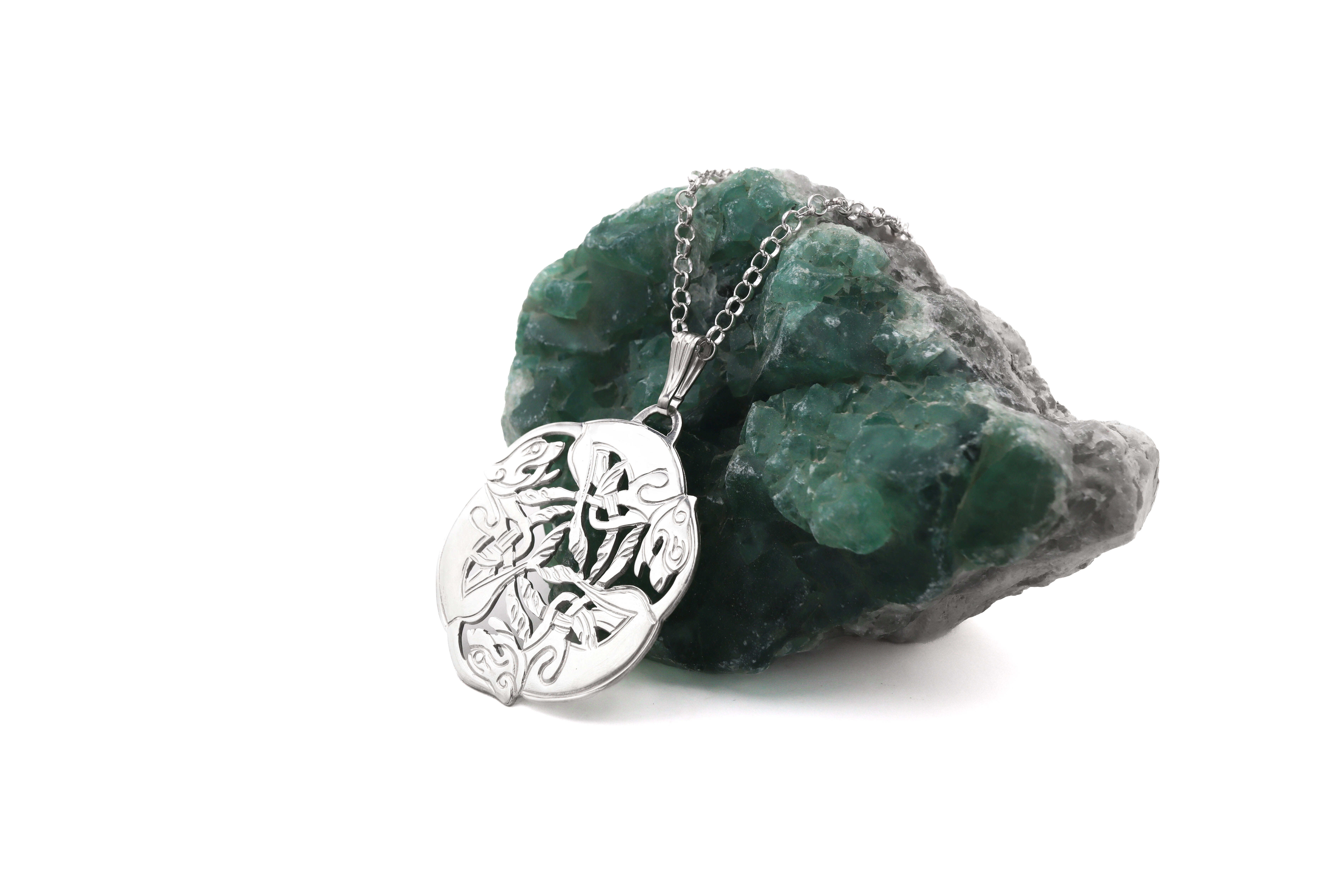 Medium Sized Handmade Sterling Silver Book of Kells Necklace For Women. Side View.