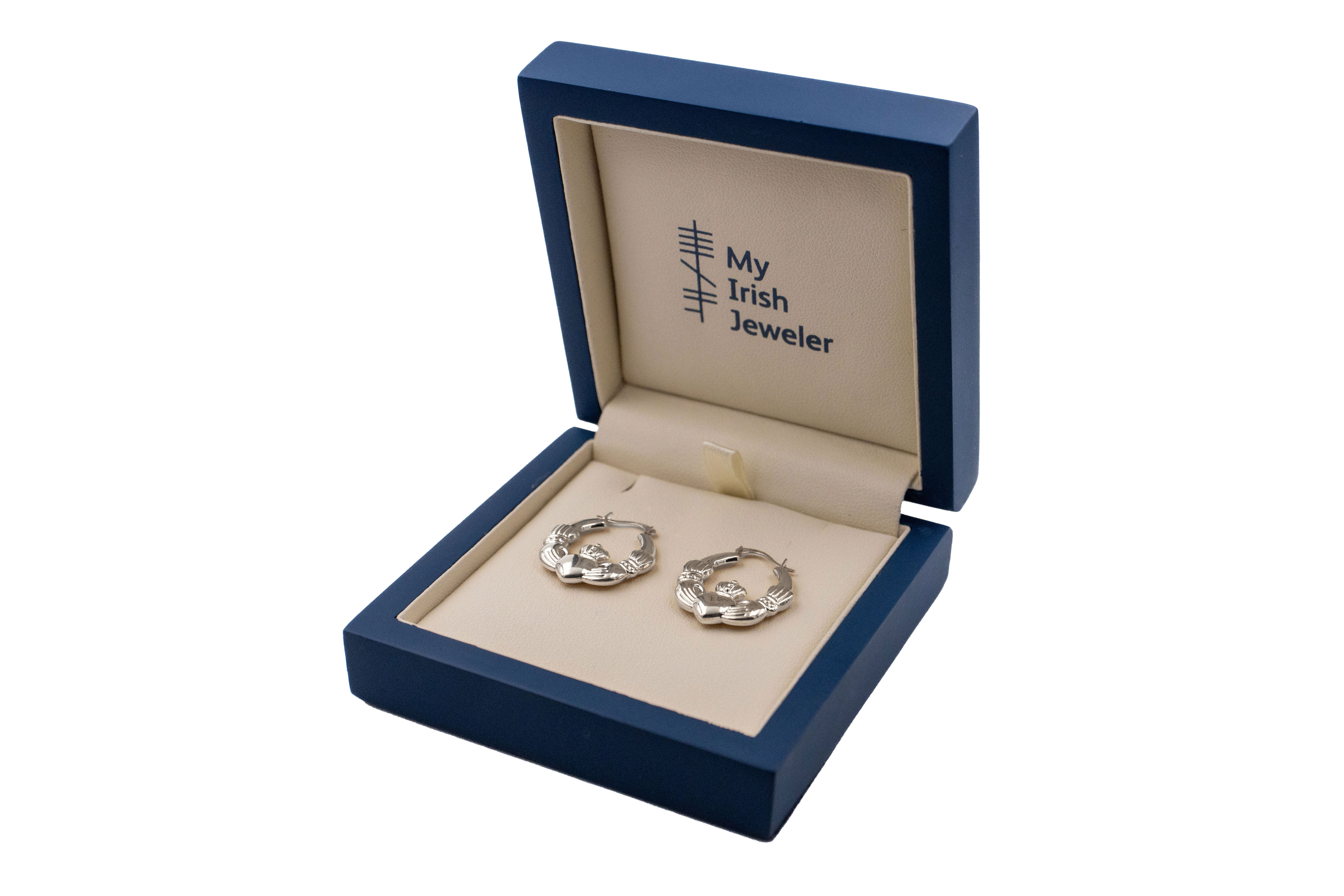 Womens Claddagh Earrings in Sterling Silver With a Polished Finish. In Luxury Packaging.