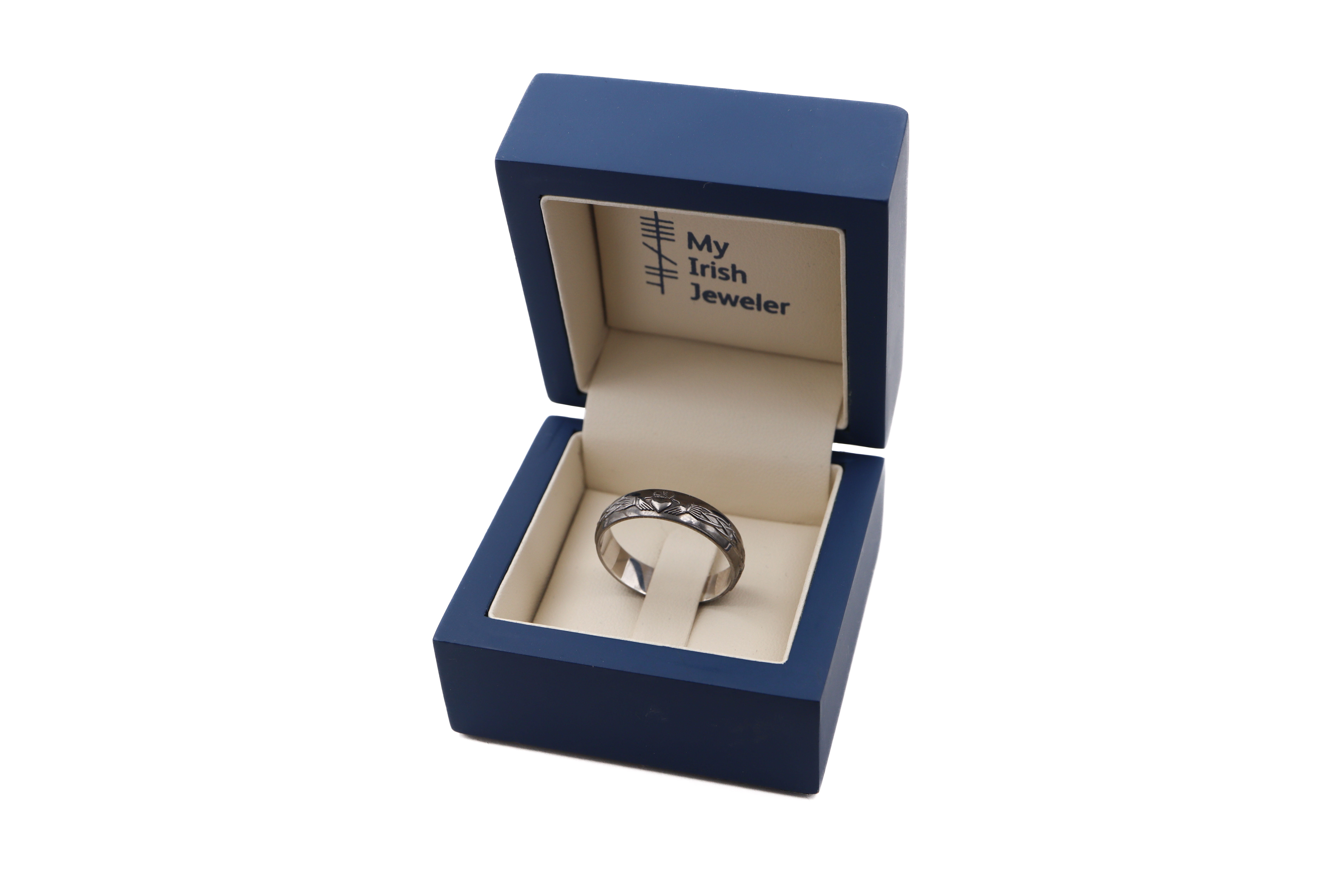 Luxurious White Gold Claddagh 4.5mm Ring For Men With a Black Rhodium Finish. In Luxury Packaging.