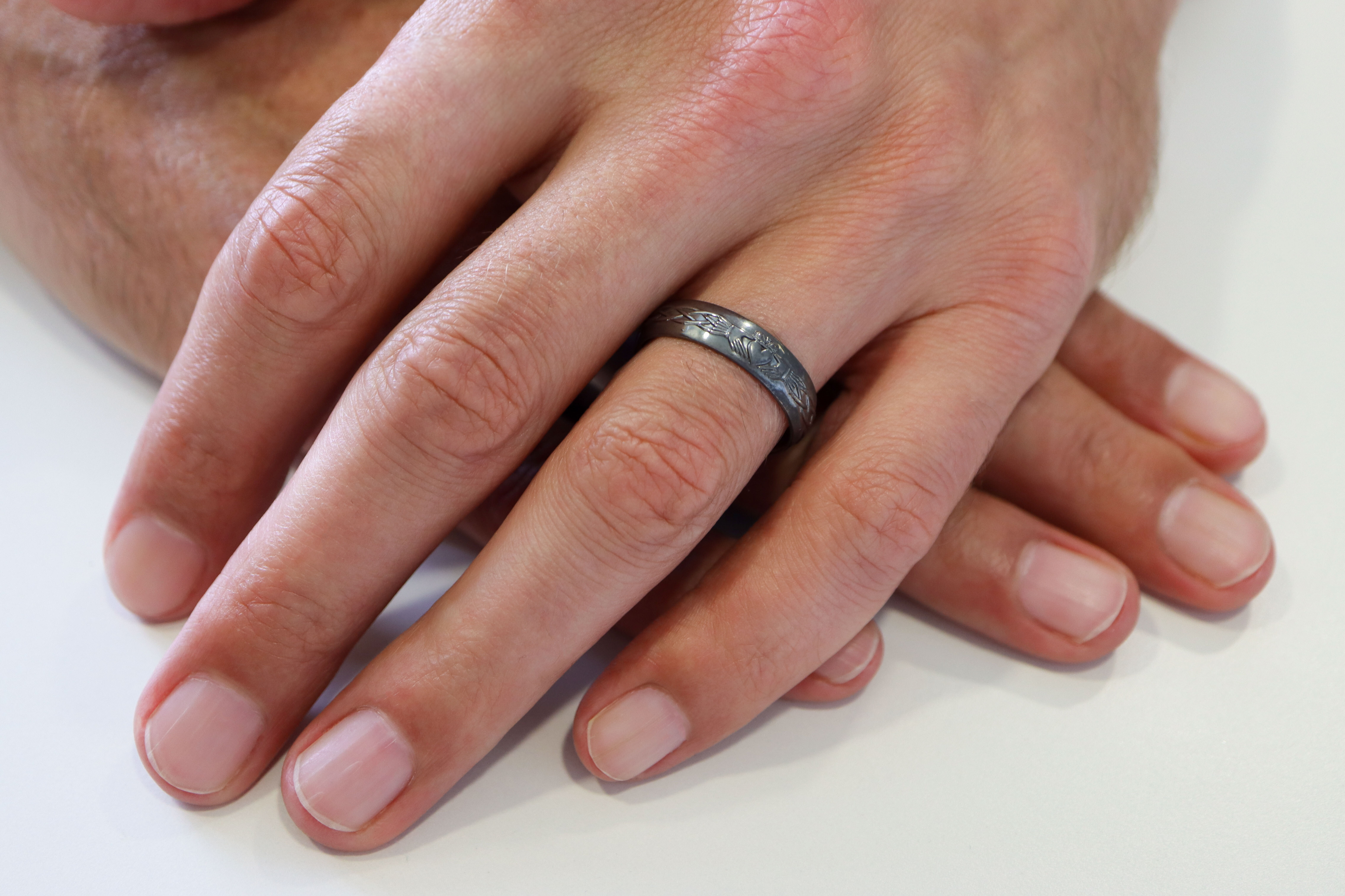 Mens Black Rhodium 14K White Gold Claddagh & Celtic Knot 5.5mm Ring - Model Photo