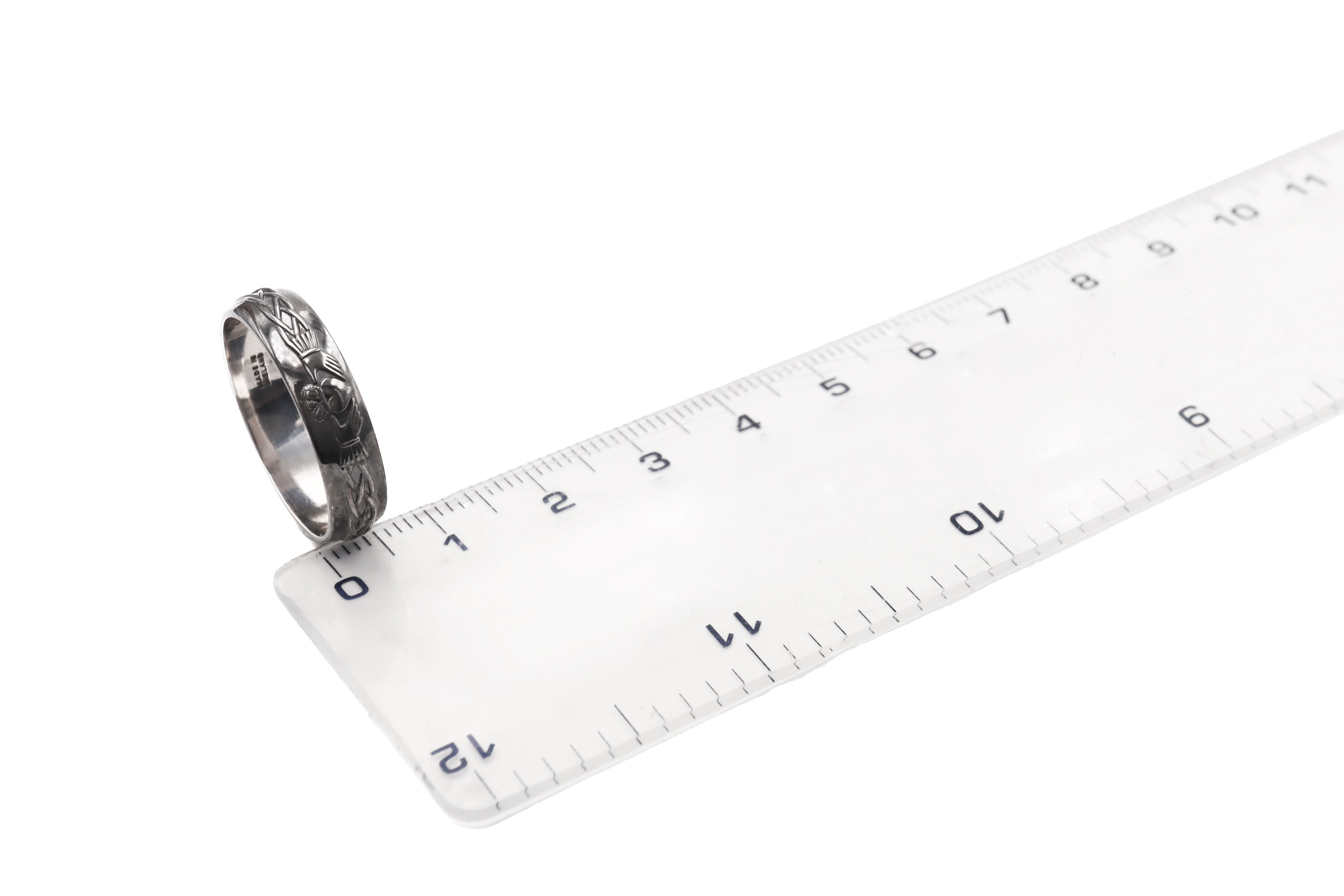 Mens Black Rhodium Claddagh 5.5mm Ring in Real White Gold. Picture For Scale.