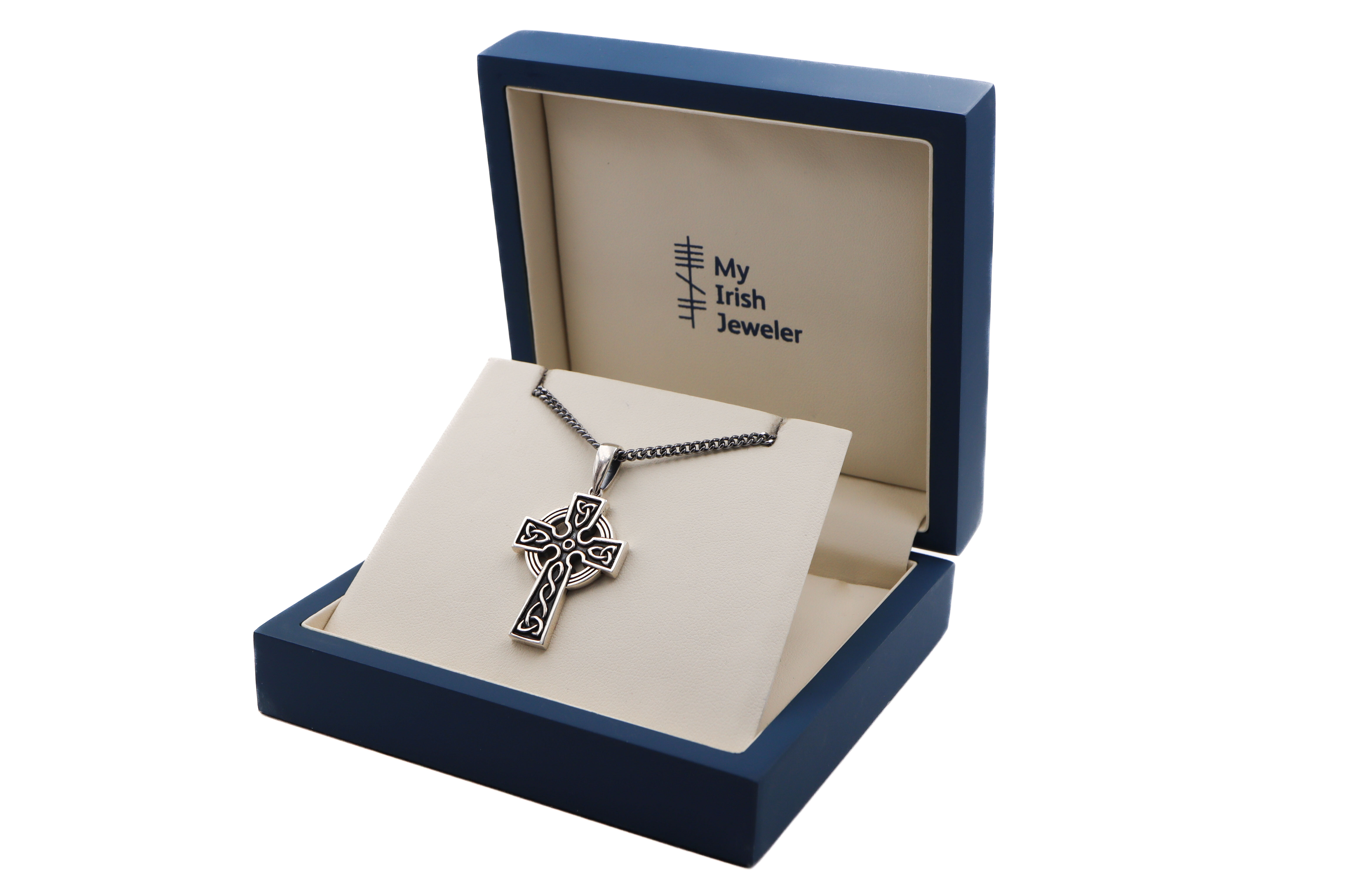 Striking Sterling Silver Celtic Cross Necklace For Men With a Oxidized Finish. In Luxury Packaging.