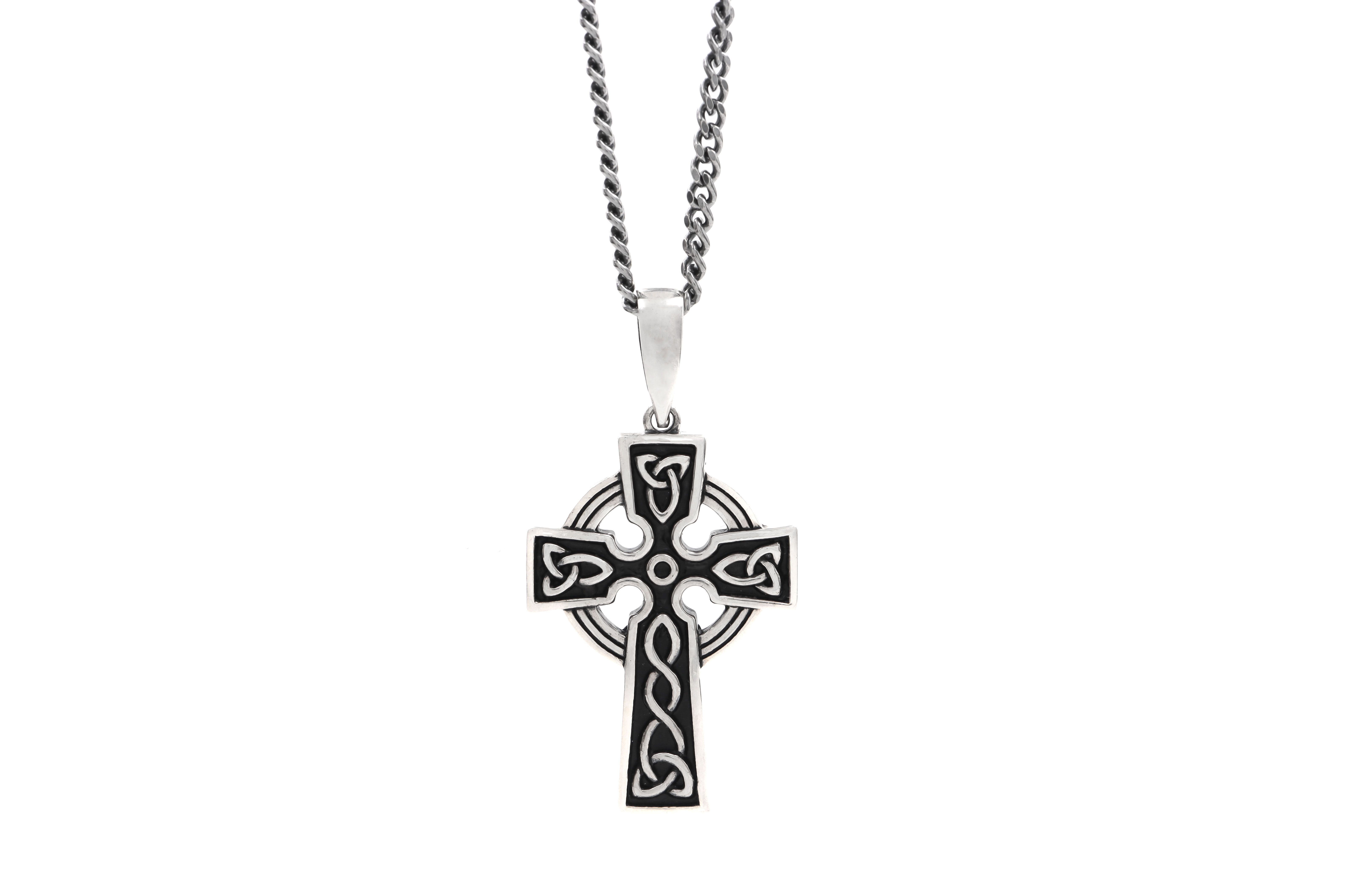 Mens Oxidized Sterling Silver Celtic Cross Necklace