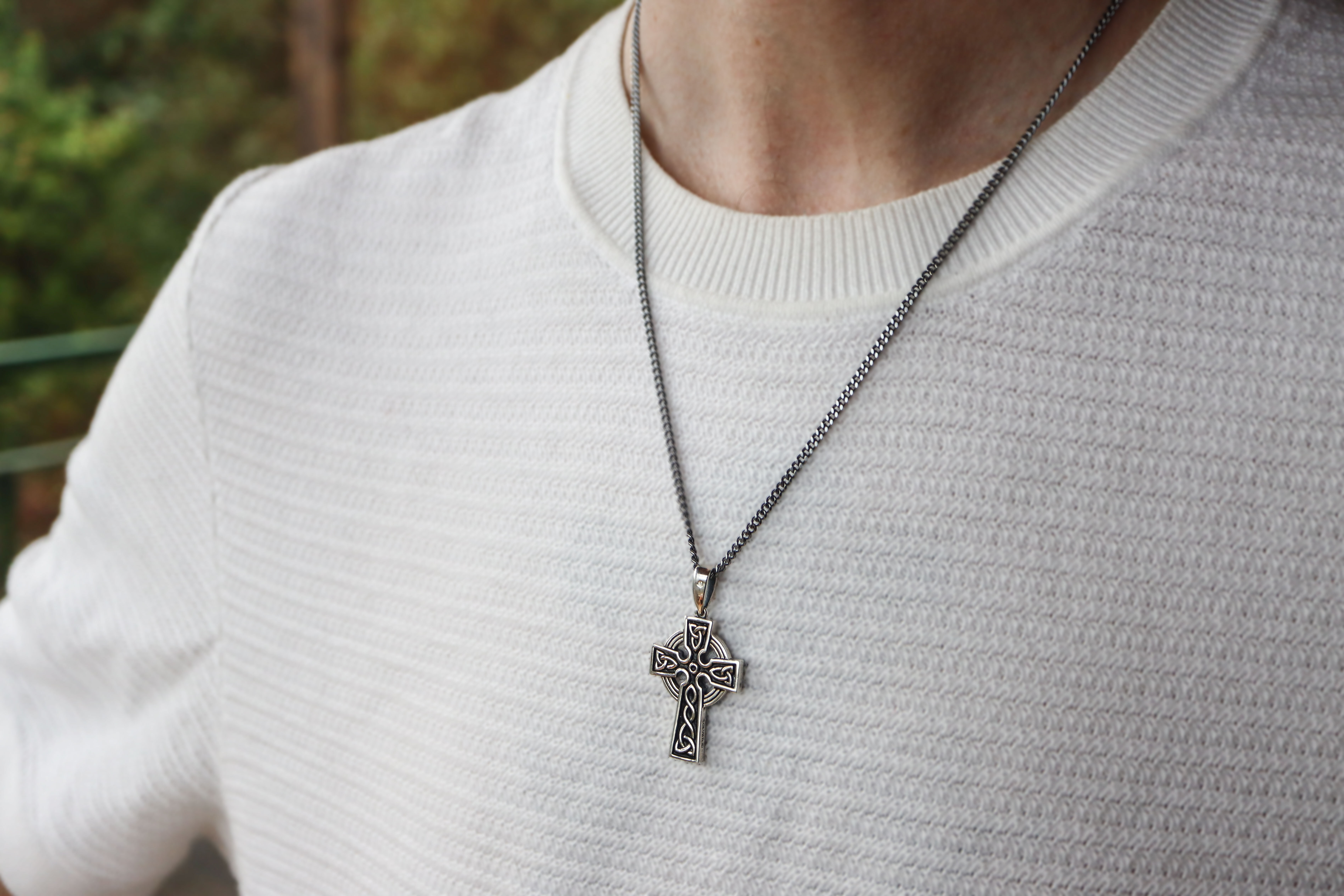 Real Sterling Silver Celtic Cross Necklace For Men With a Oxidized Finish - Model Photo