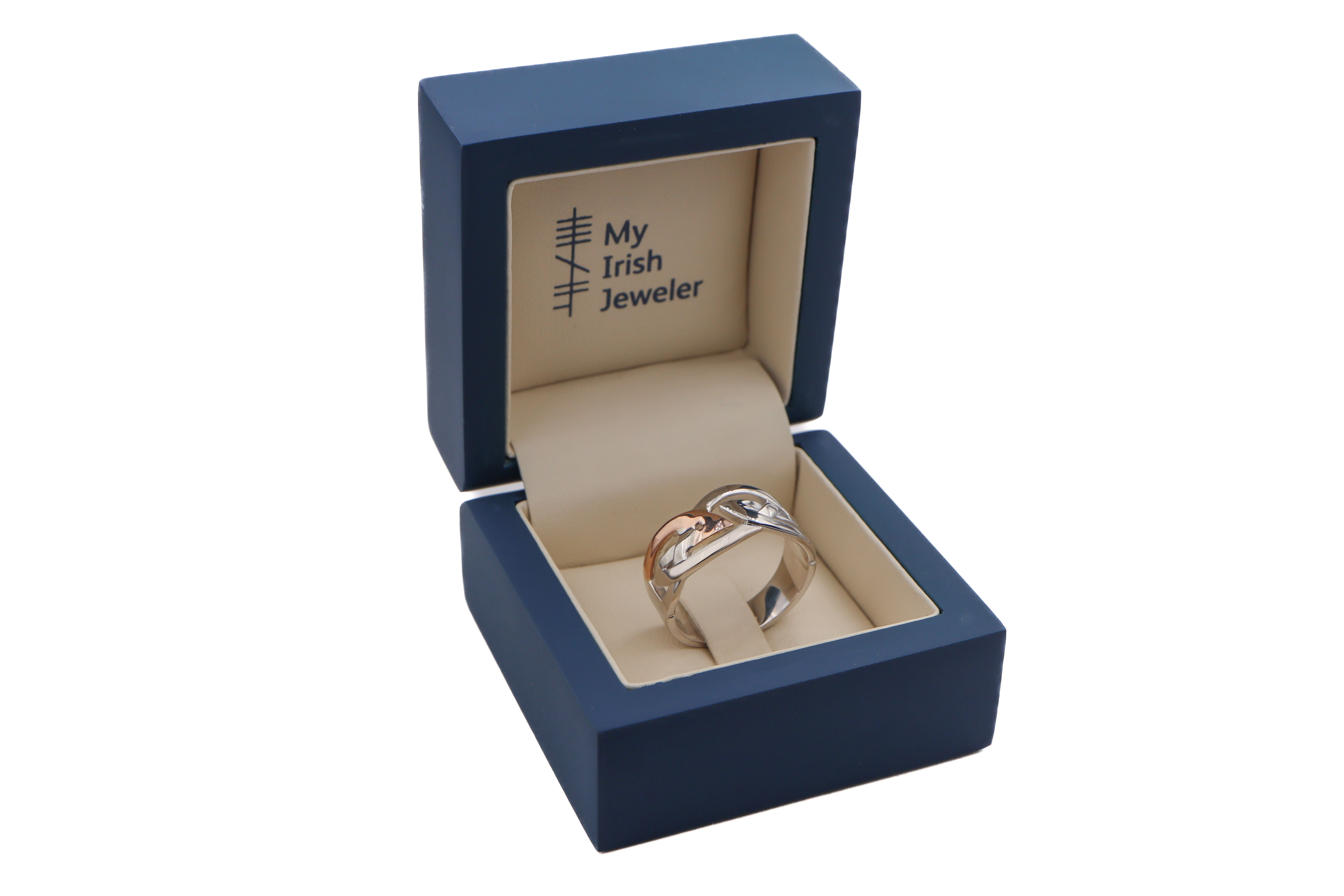 Mens Polished Sterling Silver & 10K Rose Gold Celtic Knot Ring. In Luxury Packaging.