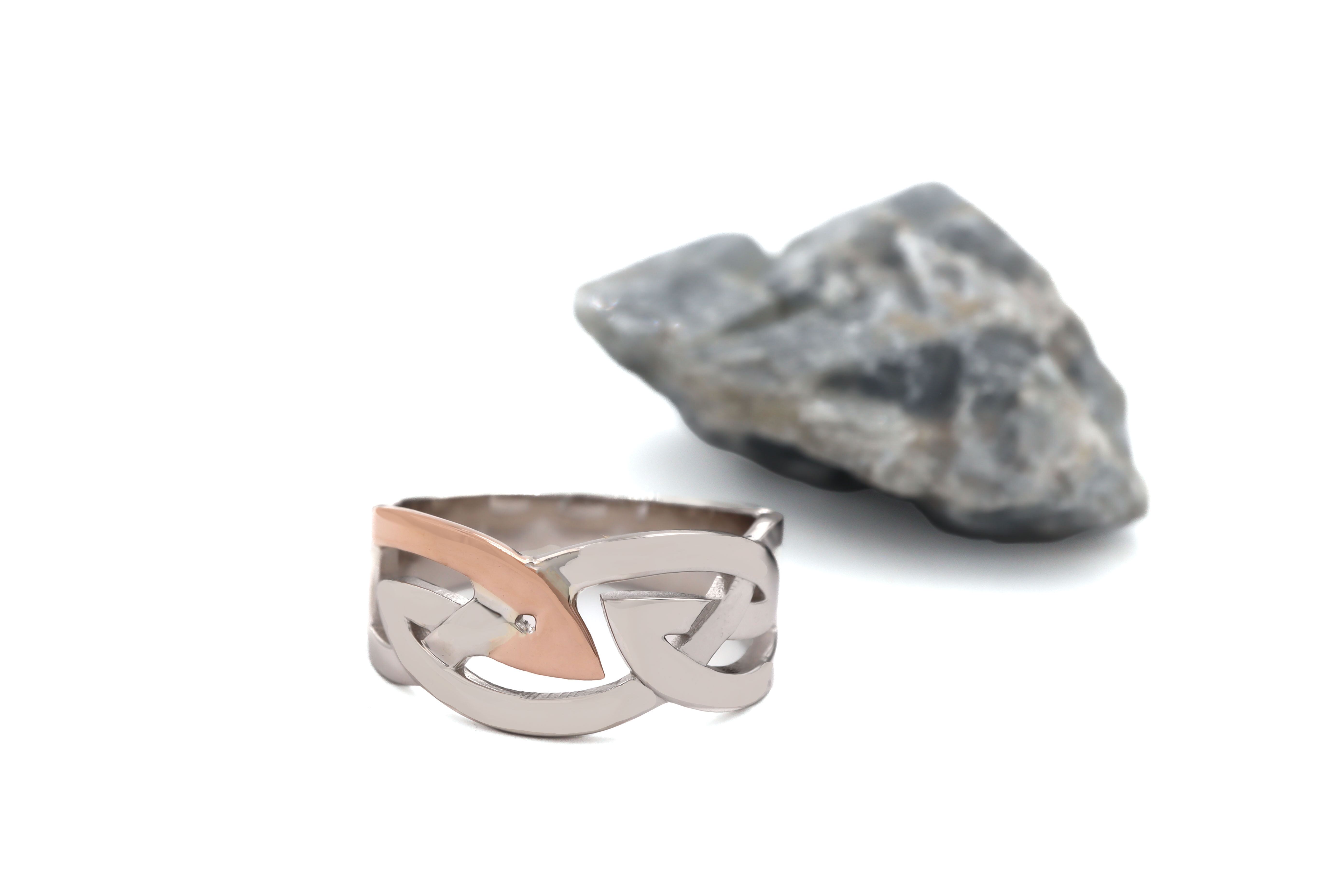Traditional Sterling Silver & 10K Rose Gold Celtic Knot & Irish Gold Ring For Men With a Polished Finish