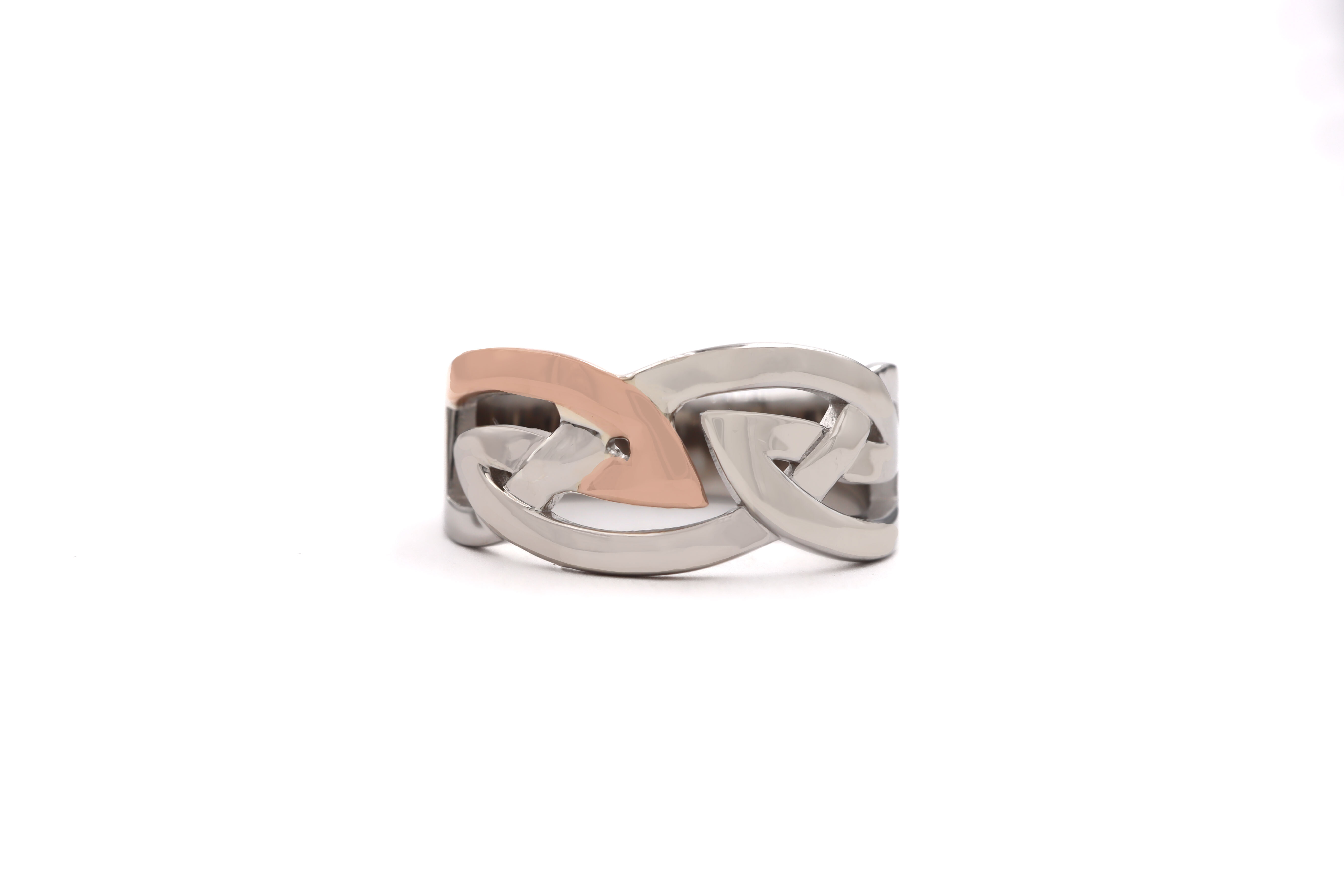 Traditional Sterling Silver & 10K Rose Gold Celtic Knot Ring For Men With a Polished Finish